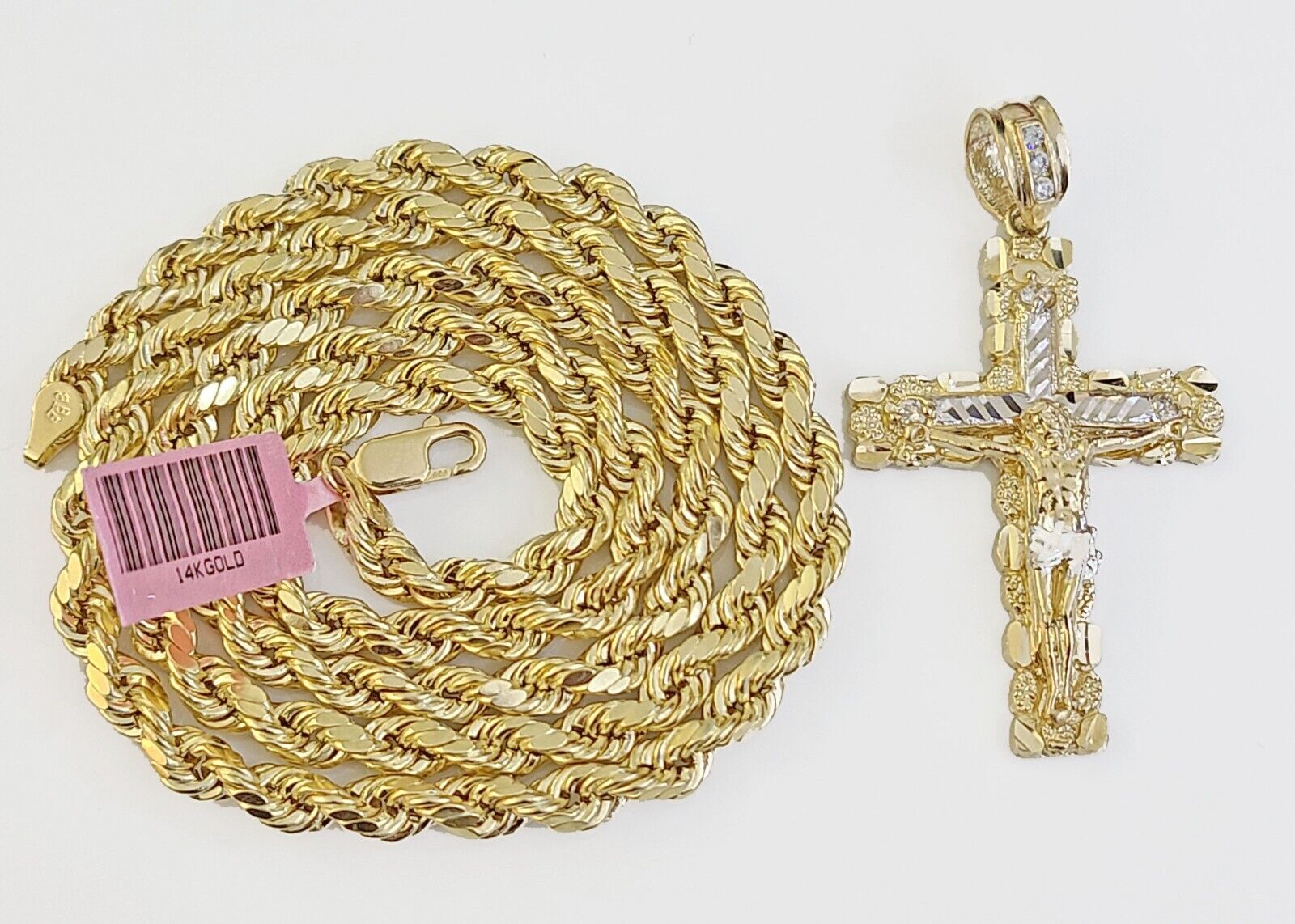 14k Gold Nugget Cross Pendent and 5mm 24 Inches Rope Chain - GoldenlinQ