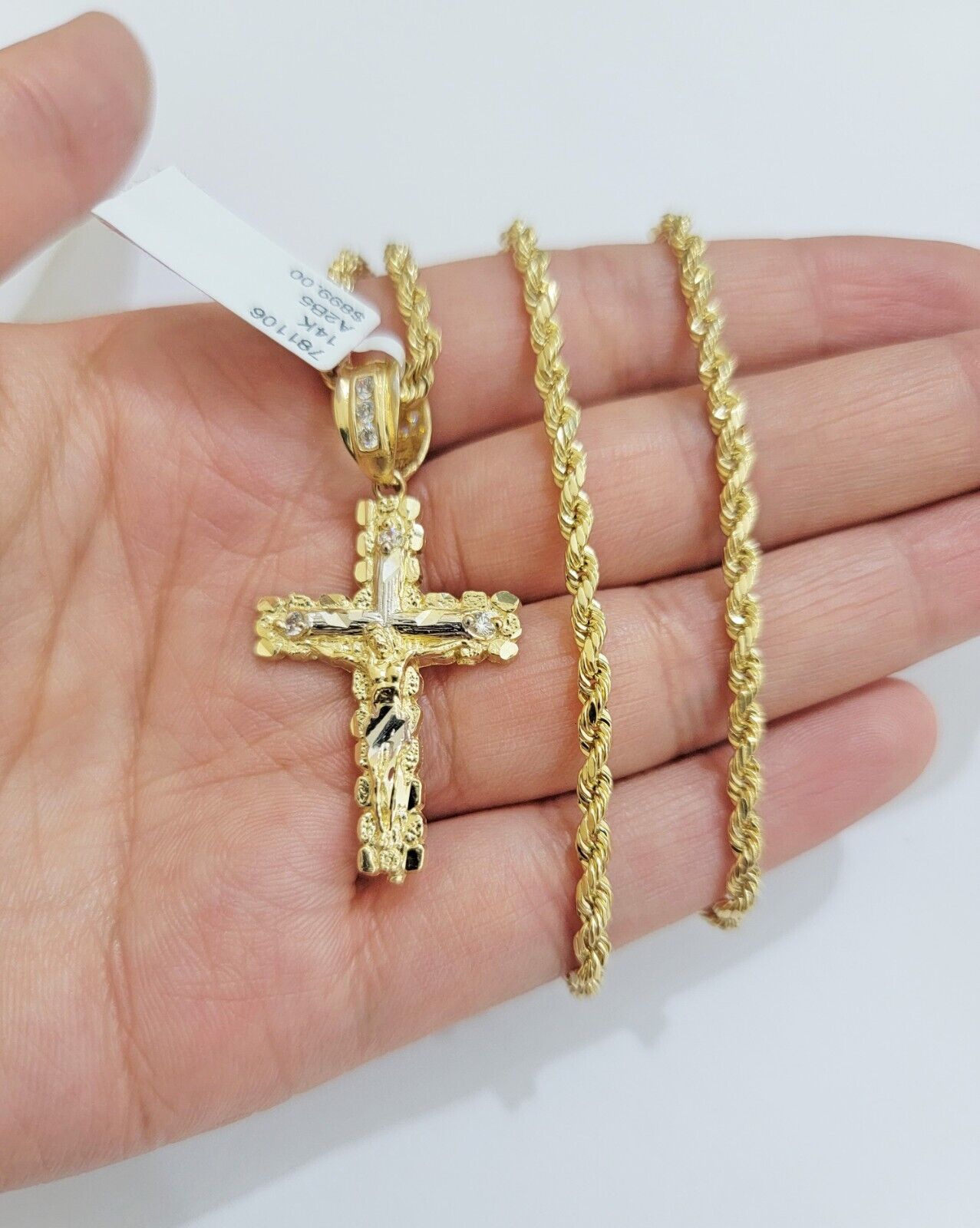 14k Gold Rope Chain Necklace Cross Charm Pendant Set 16 - 28" inch 3mm , Real 14KT - GoldenlinQ