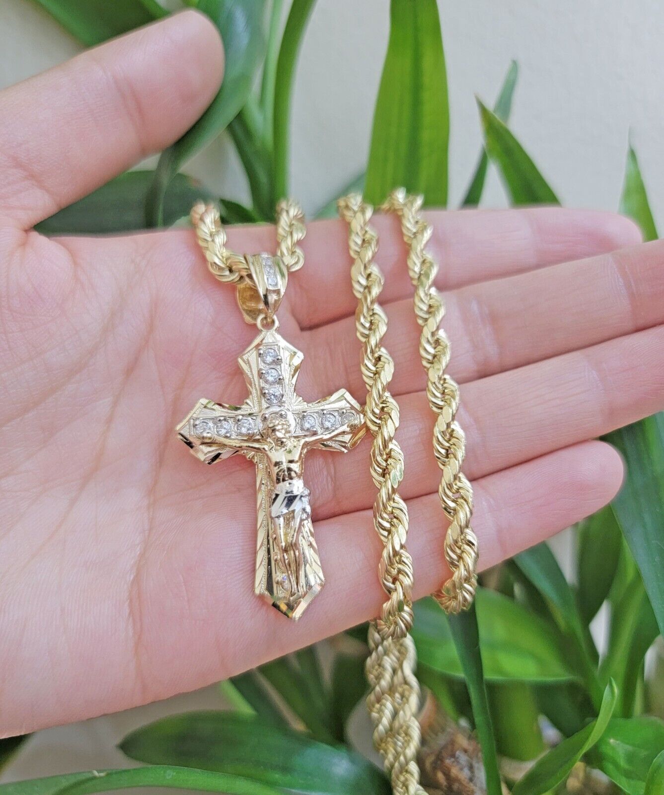 14k Gold Rope Chain Necklace Jesus Cross Charm Pendant Set 18 - 28" inch 5mm, REAL - GoldenlinQ