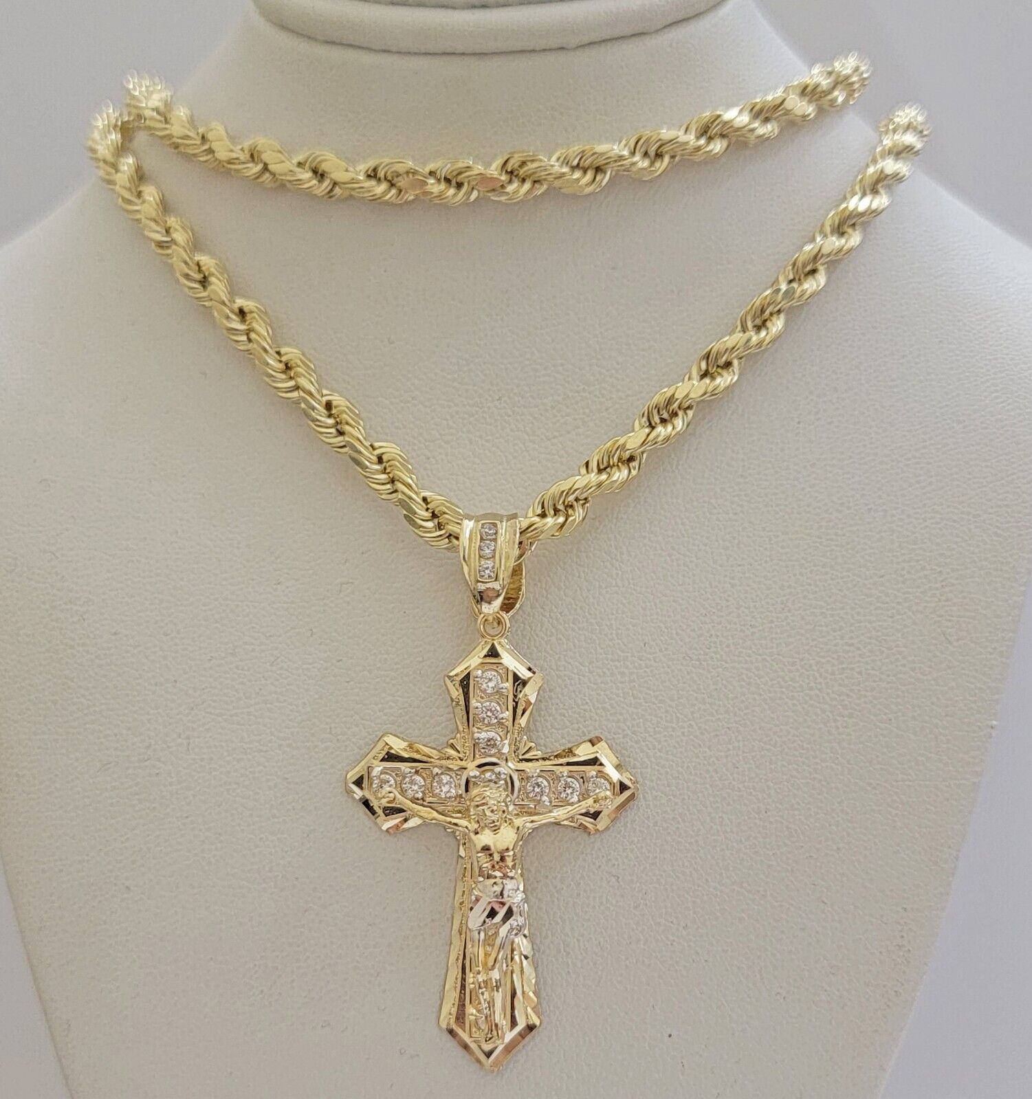 14k Gold Rope Chain Necklace Jesus Cross Charm Pendant Set 18 - 28" inch 5mm, REAL - GoldenlinQ