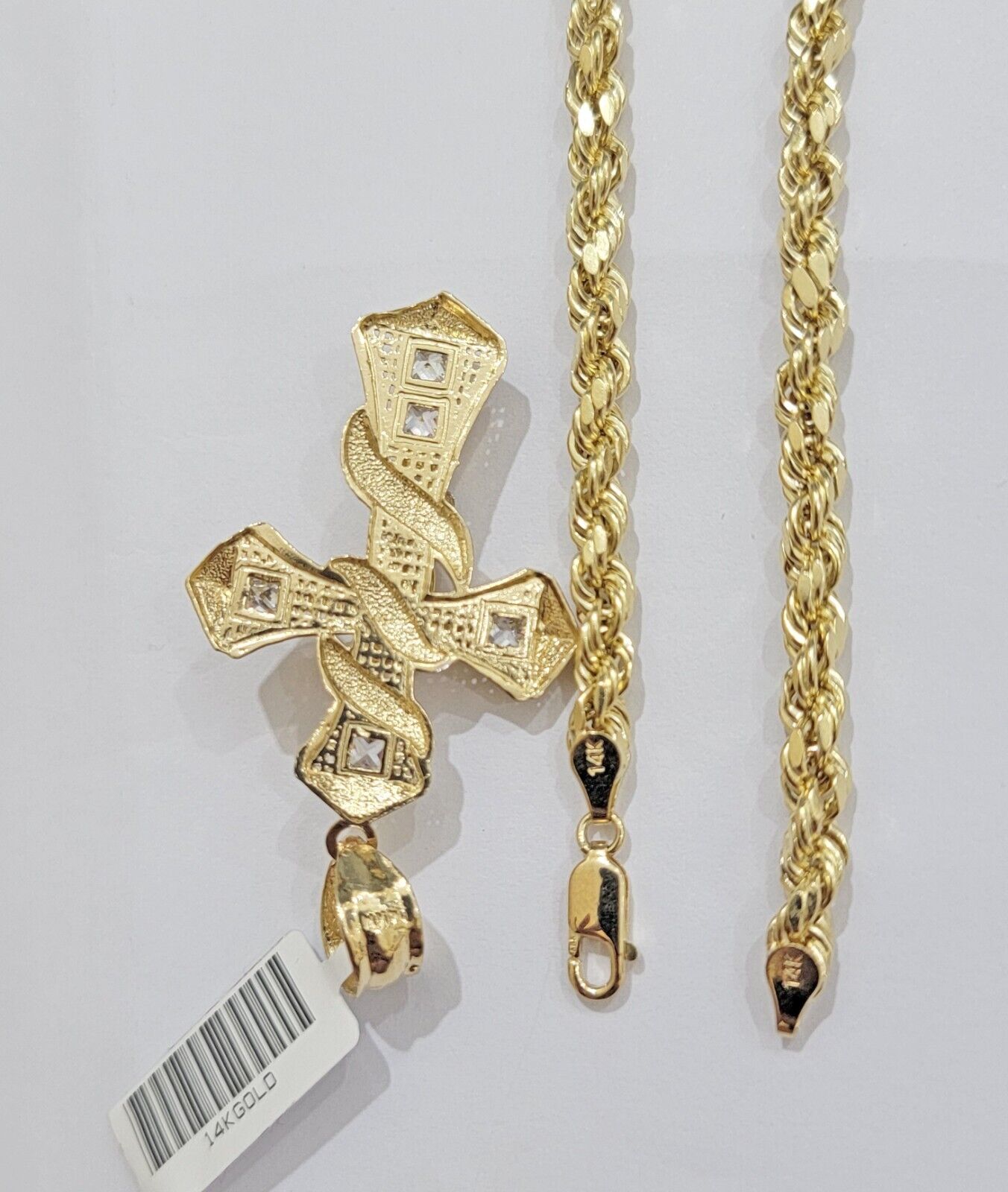 14k Gold Rope Chain Necklace Jesus Cross Charm Pendant Set 18 - 28" inch 5mm, REAL - GoldenlinQ