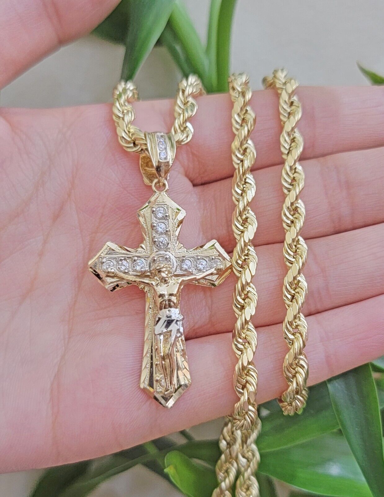 14k Gold Rope Chain Necklace Jesus Cross Charm Pendant Set 18 - 28" inch 5mm, REAL - GoldenlinQ
