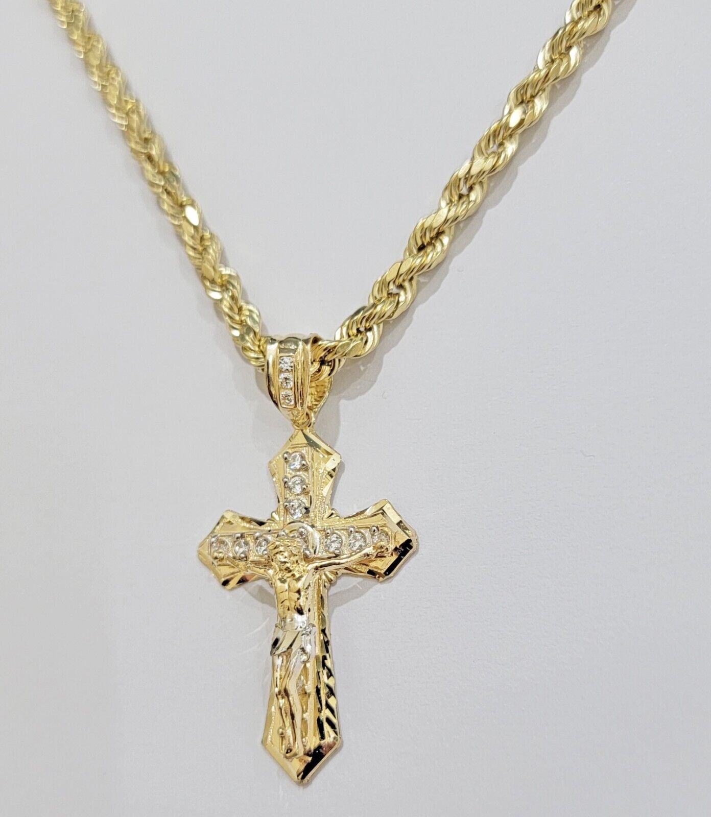 14k Gold Rope Chain Necklace Jesus Cross Charm Pendant Set 18 - 28" inch 5mm, REAL - GoldenlinQ