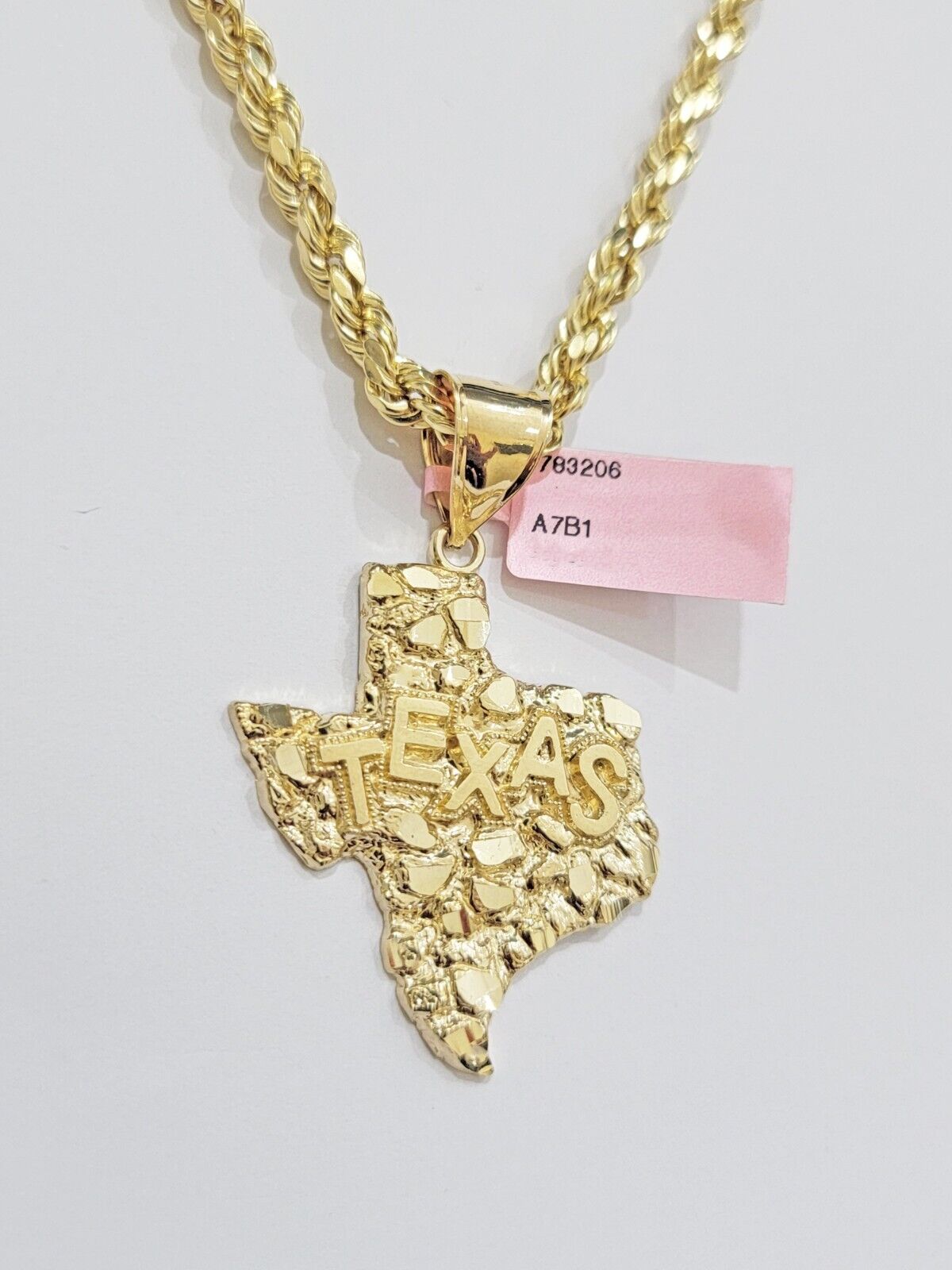 14k Gold Rope Chain & Nugget Texas map Charm pendant & 20 Inch Necklace Set Mens - GoldenlinQ