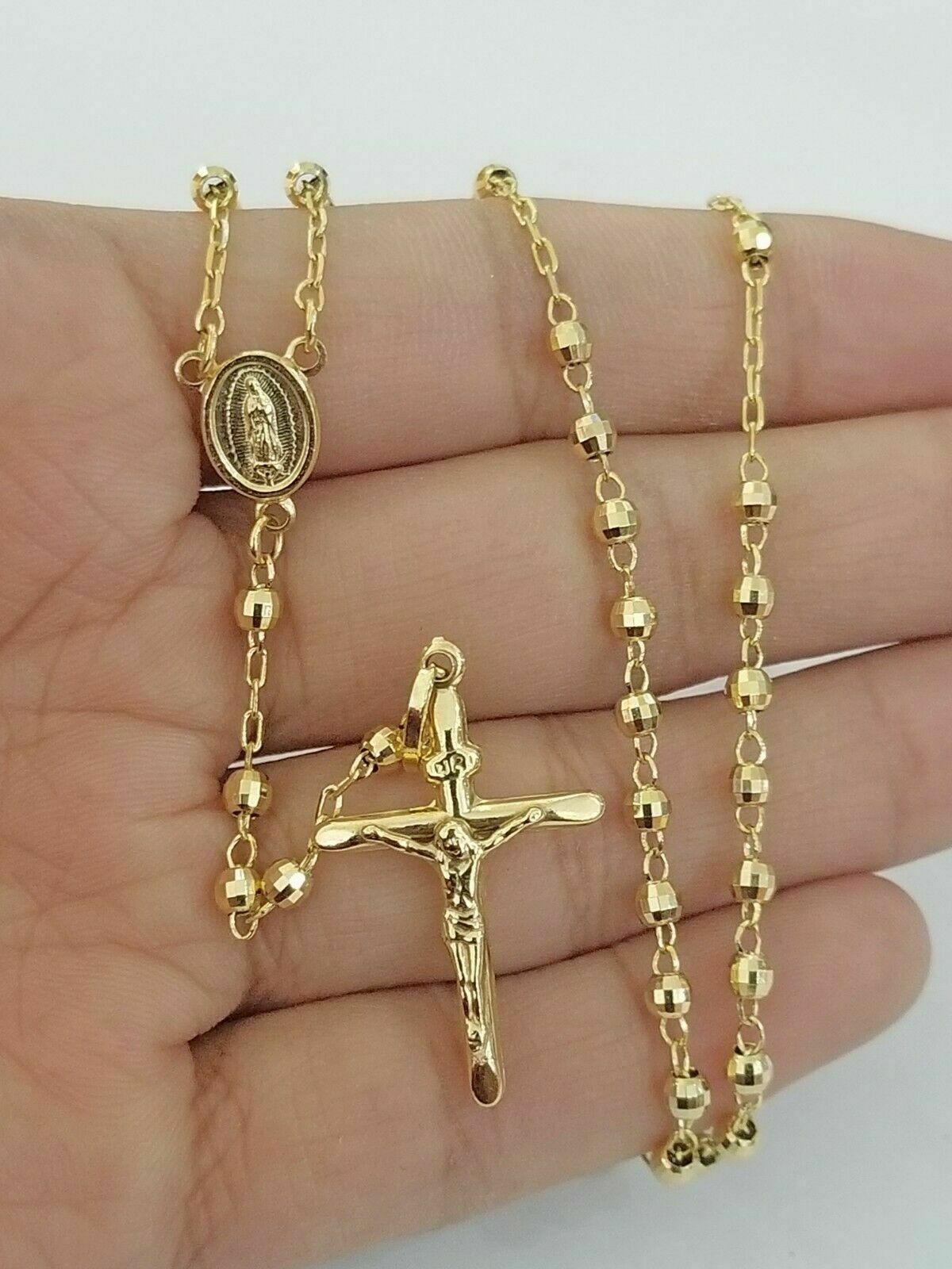14k Gold Rosary Necklace 18" - 24" REAL 14KT yellow Gold Jesus cross Chain pendant - GoldenlinQ