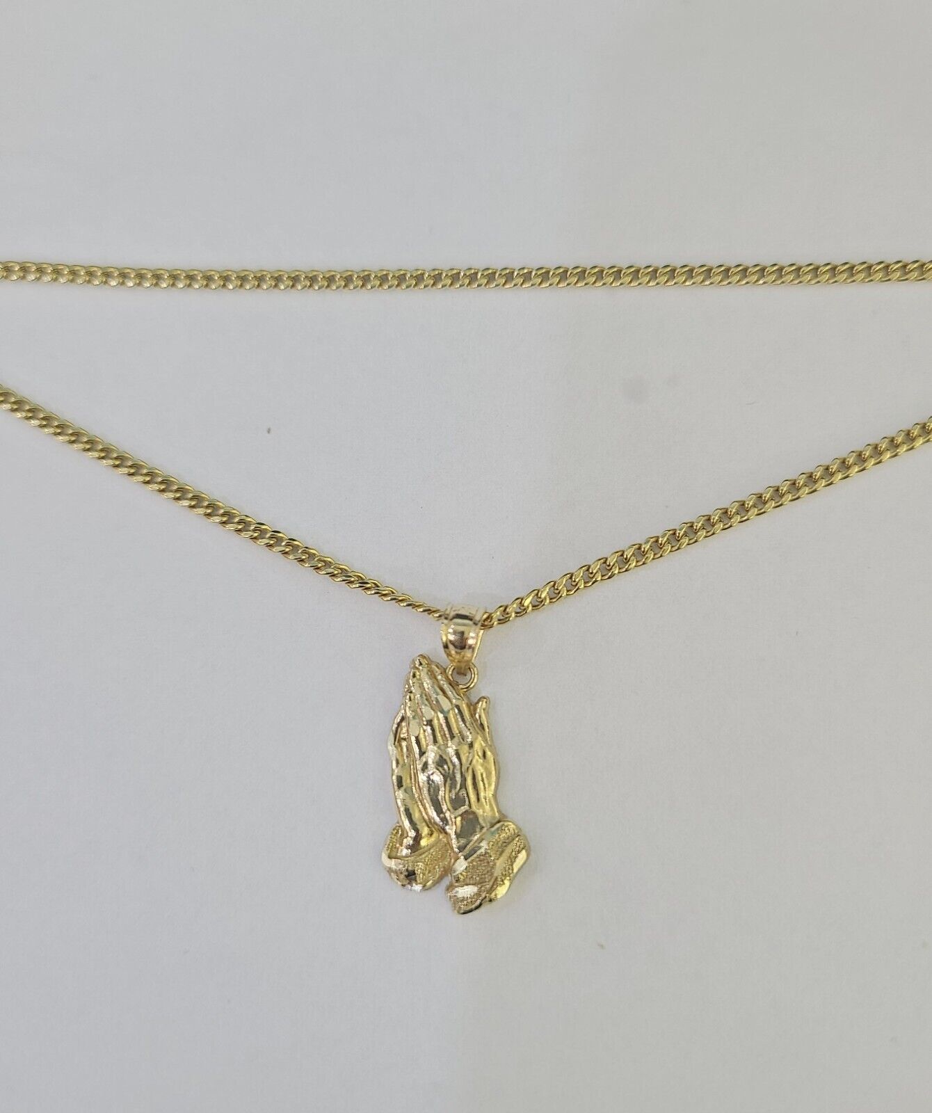 14k Miami Cuban Chain Praying Hands Charm Pendant 2mm 18" - 24inch SET Necklace - GoldenlinQ