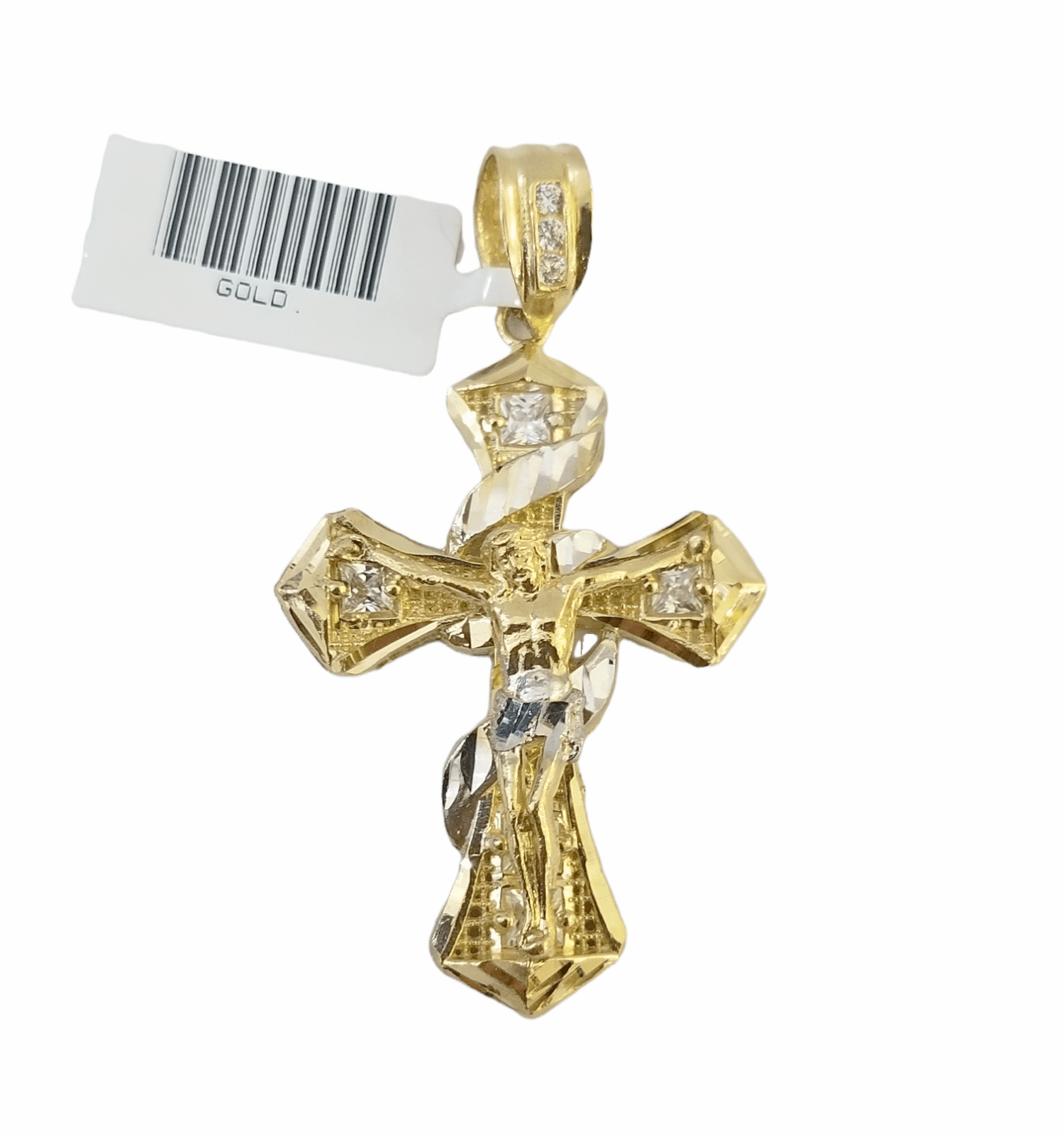 14K Real Yellow Gold Jesus Cross Diamond Cut Pendant Religious - GoldenlinQ