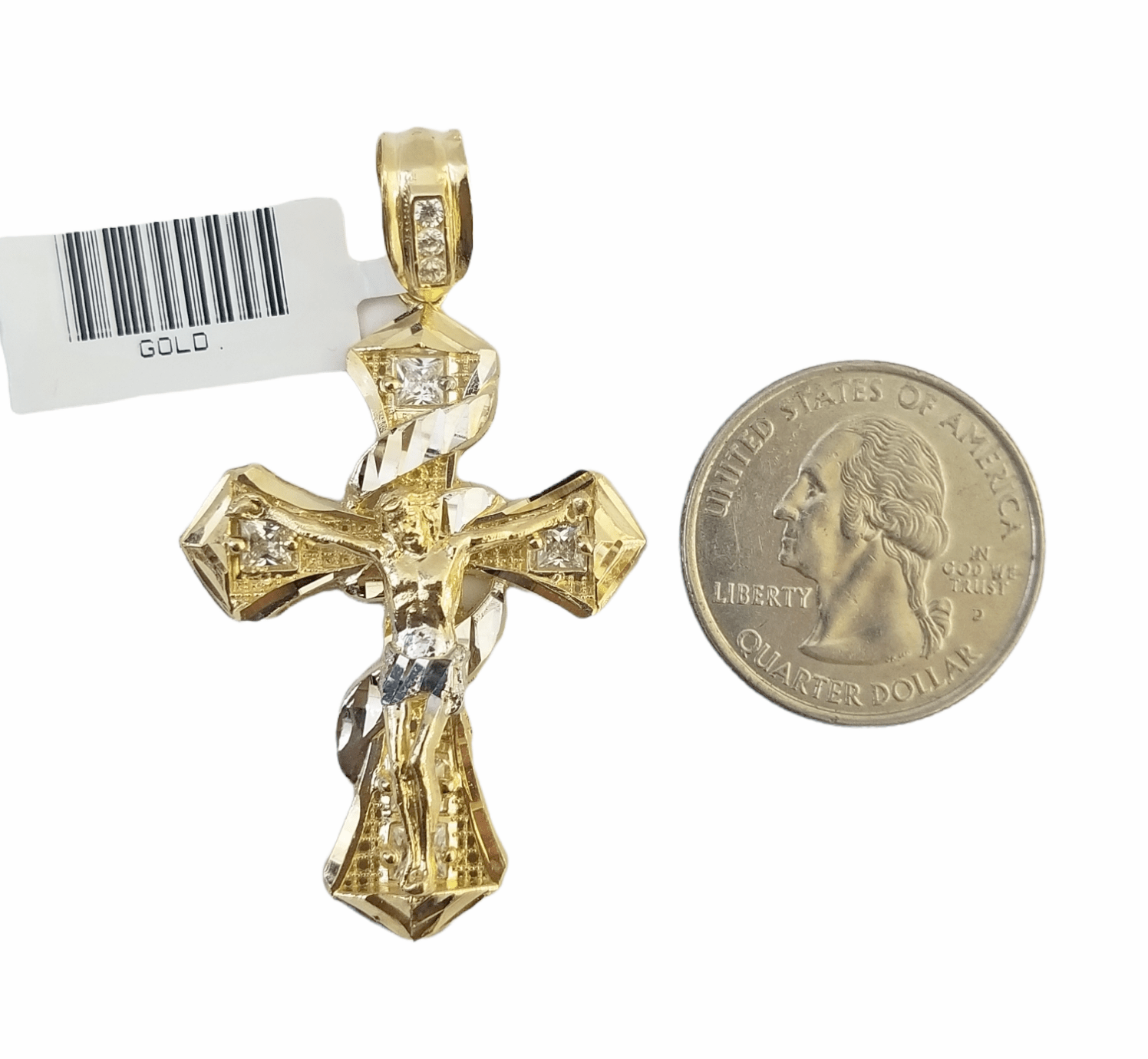 14K Real Yellow Gold Jesus Cross Diamond Cut Pendant Religious - GoldenlinQ