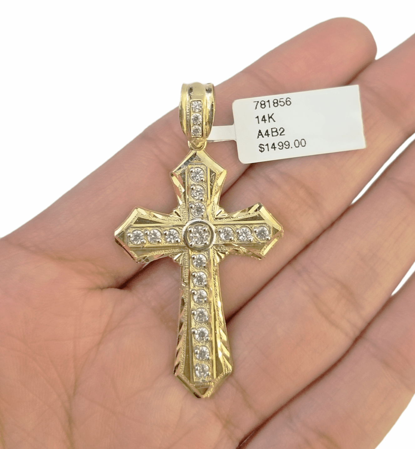 14K Real Yellow Gold Jesus Cross Diamond Cut Pendant Religious Charm - GoldenlinQ