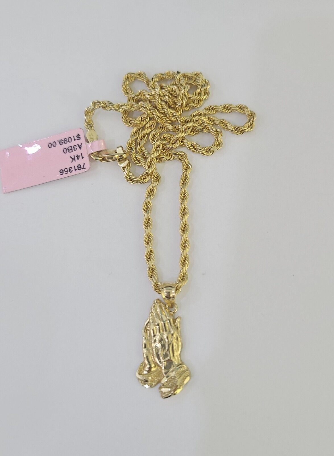 14k Rope Chain Praying Hands Charm Pendant Gold 2mm 18" - 24inch SET Necklace - GoldenlinQ