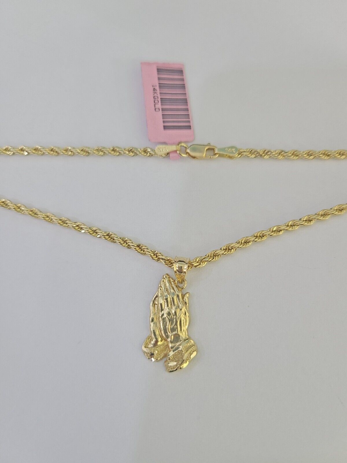 14k Rope Chain Praying Hands Charm Pendant Gold 2mm 18" - 24inch SET Necklace - GoldenlinQ