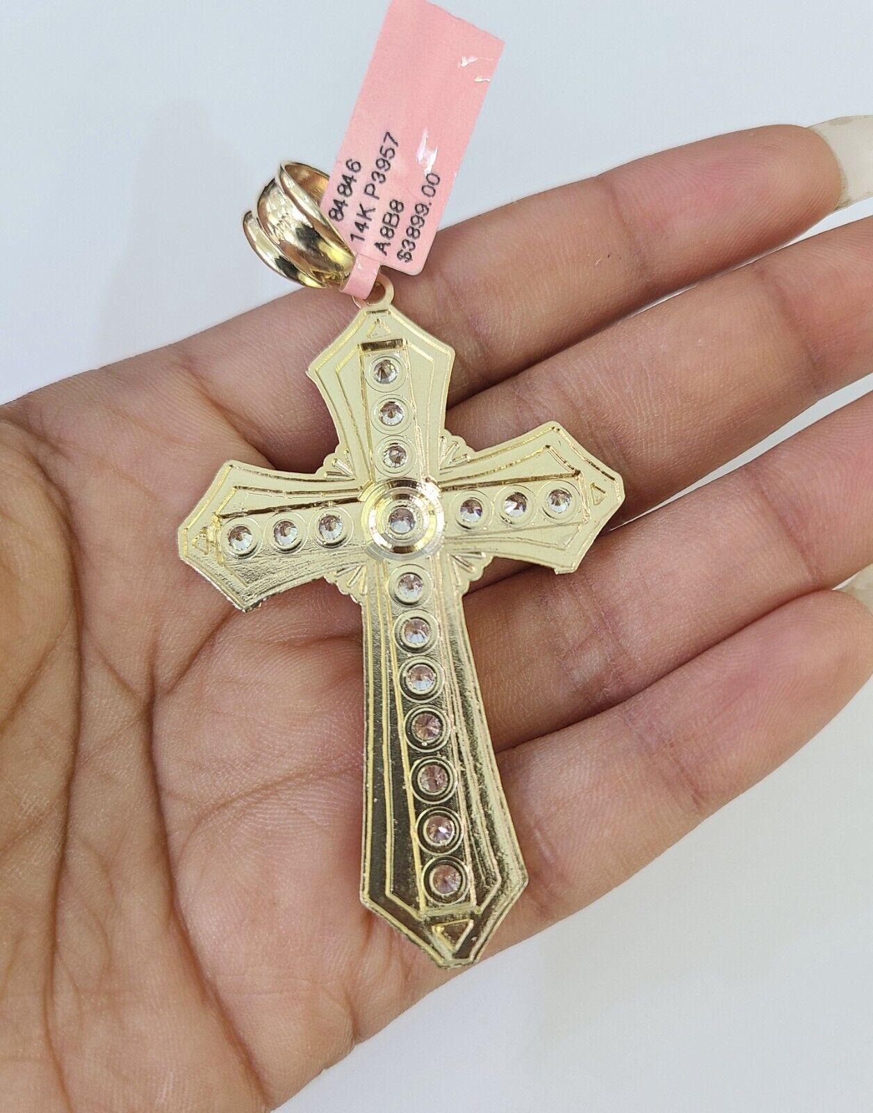 14k Solid Cuban Curb Link Chain Jesus Cross Charm Pendant 8mm 22inch YellowGold - GoldenlinQ