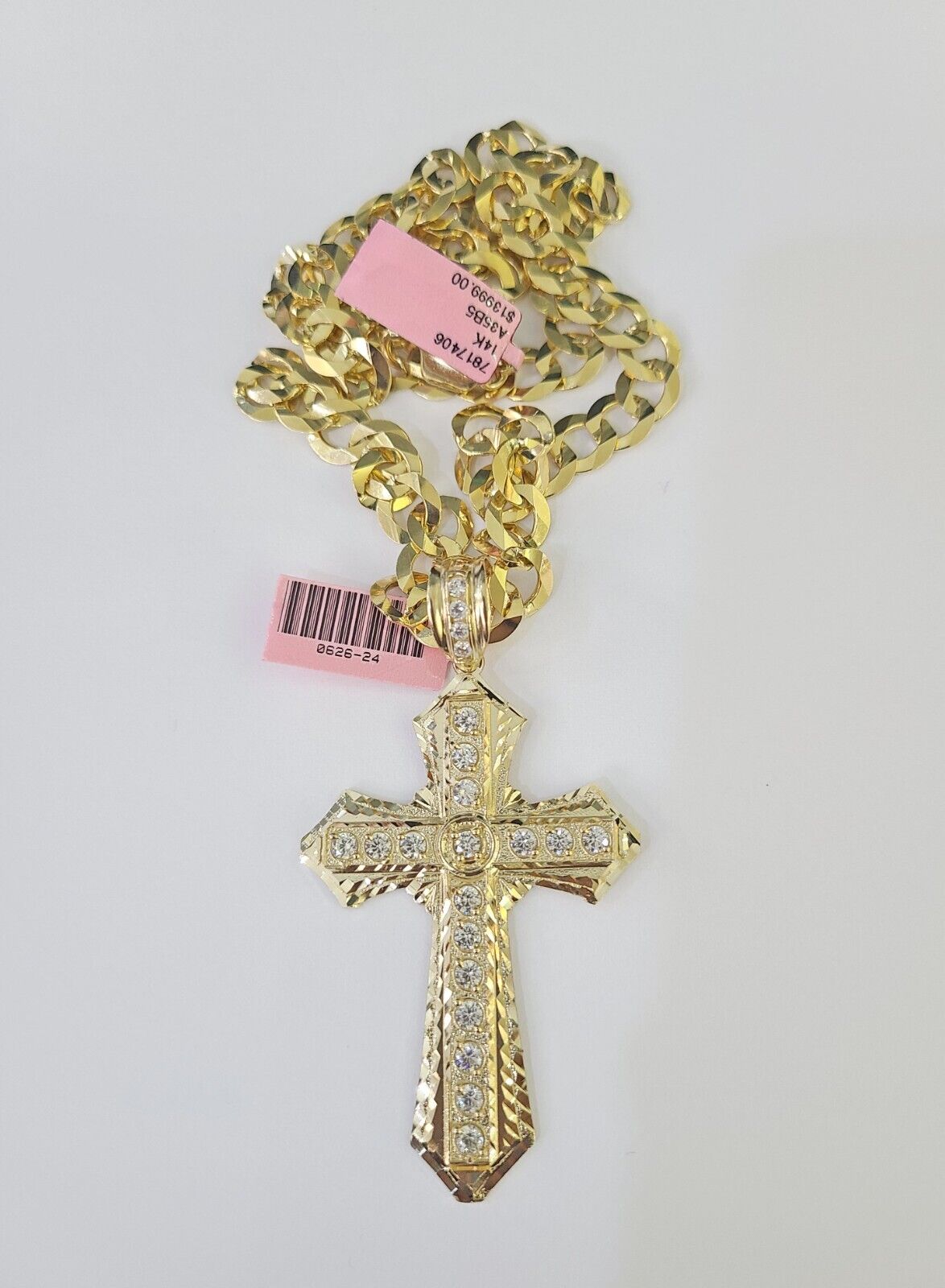 14k Solid Cuban Curb Link Chain Jesus Cross Charm Pendant 8mm 22inch YellowGold - GoldenlinQ