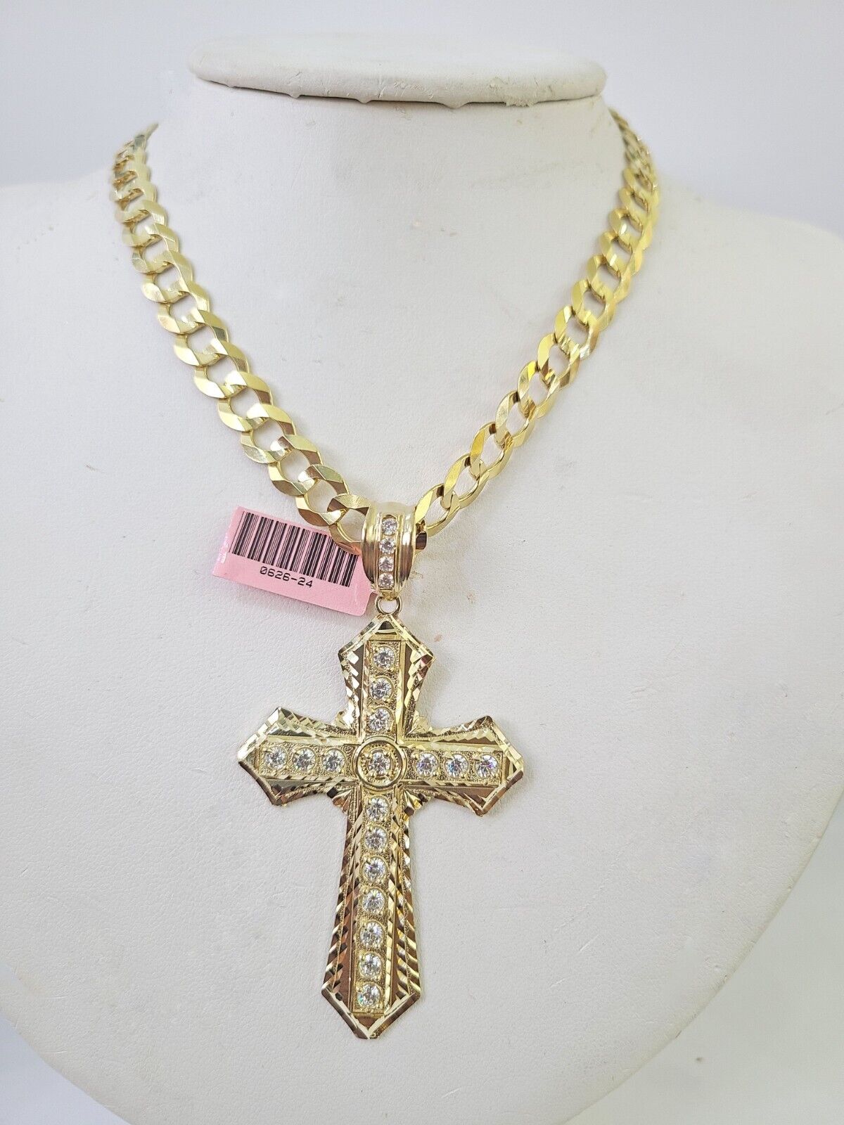 14k Solid Cuban Curb Link Chain Jesus Cross Charm Pendant 8mm 22inch YellowGold - GoldenlinQ