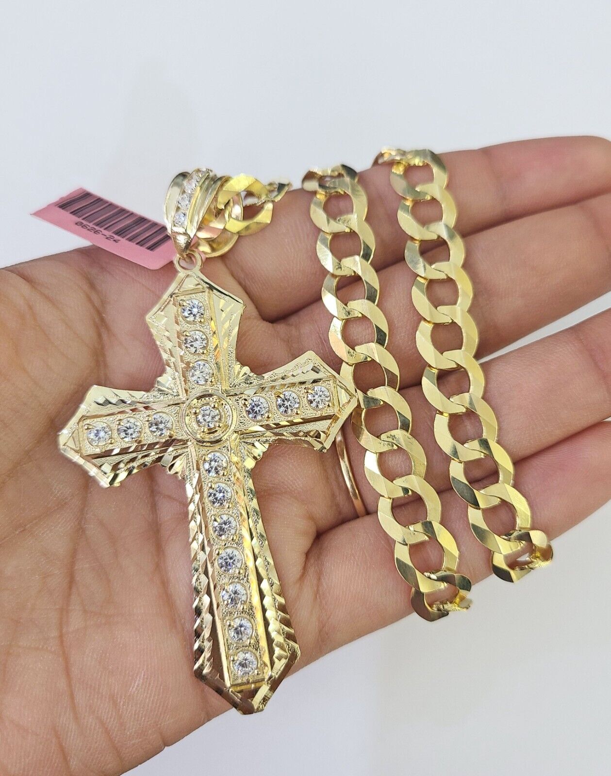 14k Solid Cuban Curb Link Chain Jesus Cross Charm Pendant 8mm 22inch YellowGold - GoldenlinQ