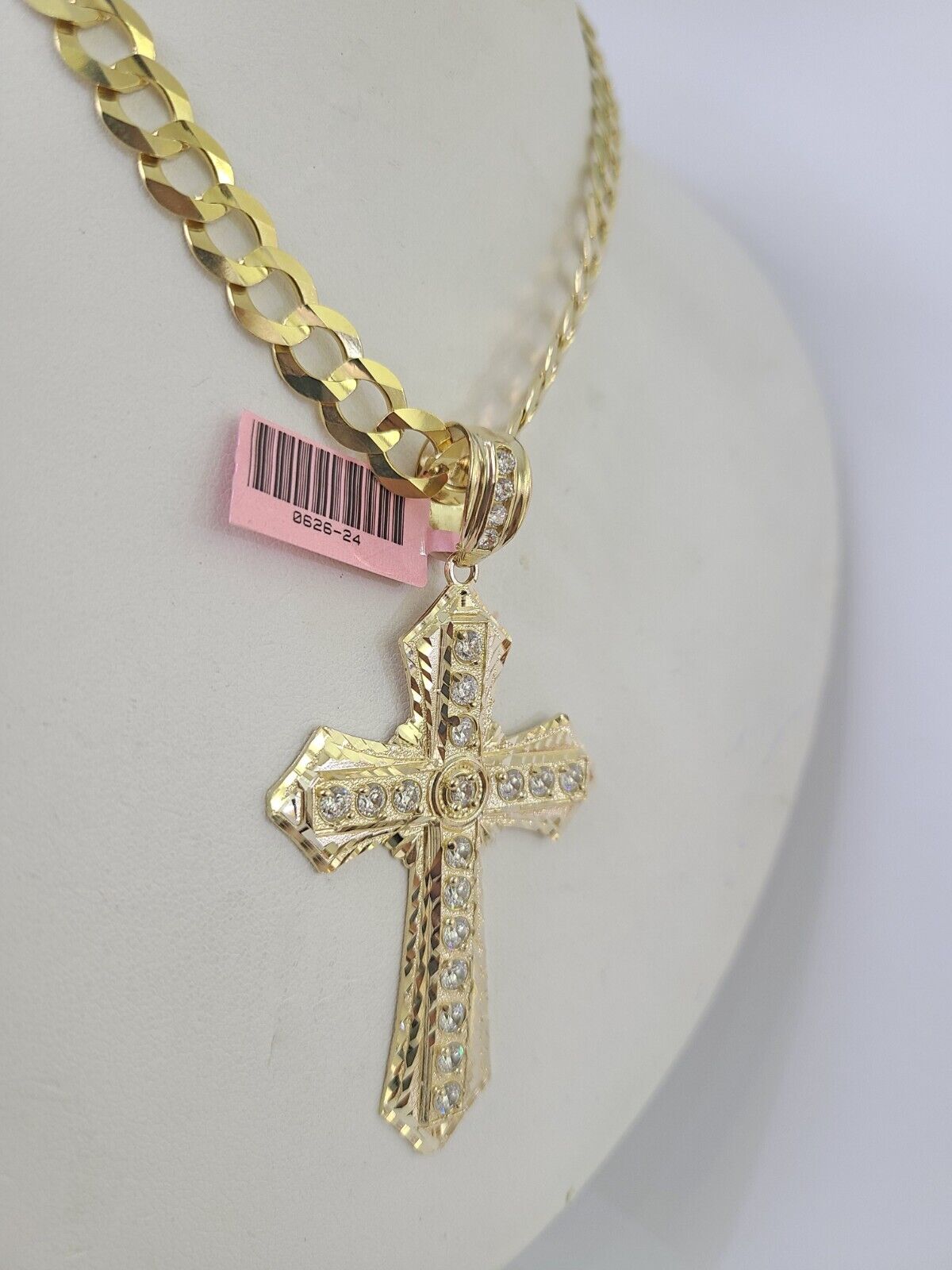 14k Solid Cuban Curb Link Chain Jesus Cross Charm Pendant 8mm 22inch YellowGold - GoldenlinQ
