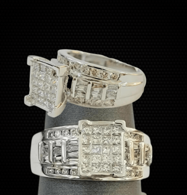 14k white Gold 1CT Diamond Ladies Ring Princess Cut Baguette Round Diamond,Women - GoldenlinQ