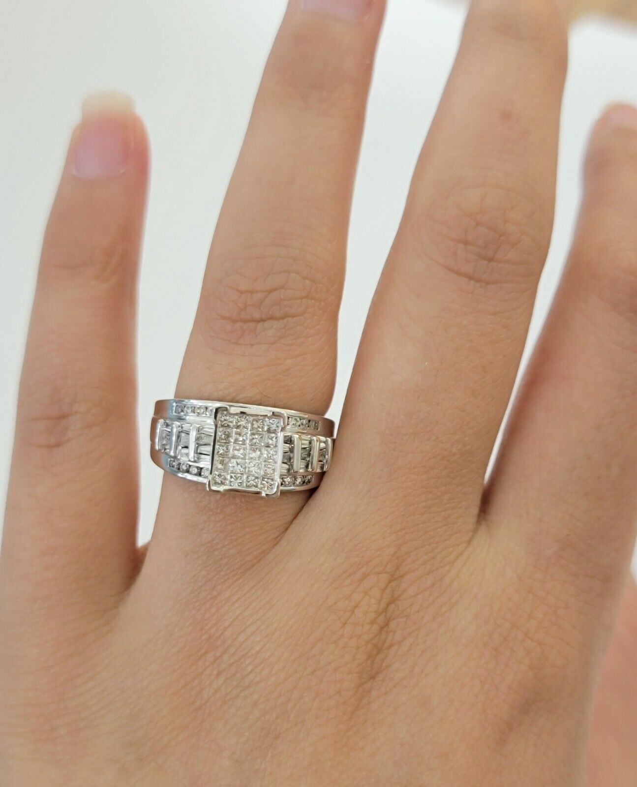 14k white Gold 1CT Diamond Ladies Ring Princess Cut Baguette Round Diamond,Women - GoldenlinQ