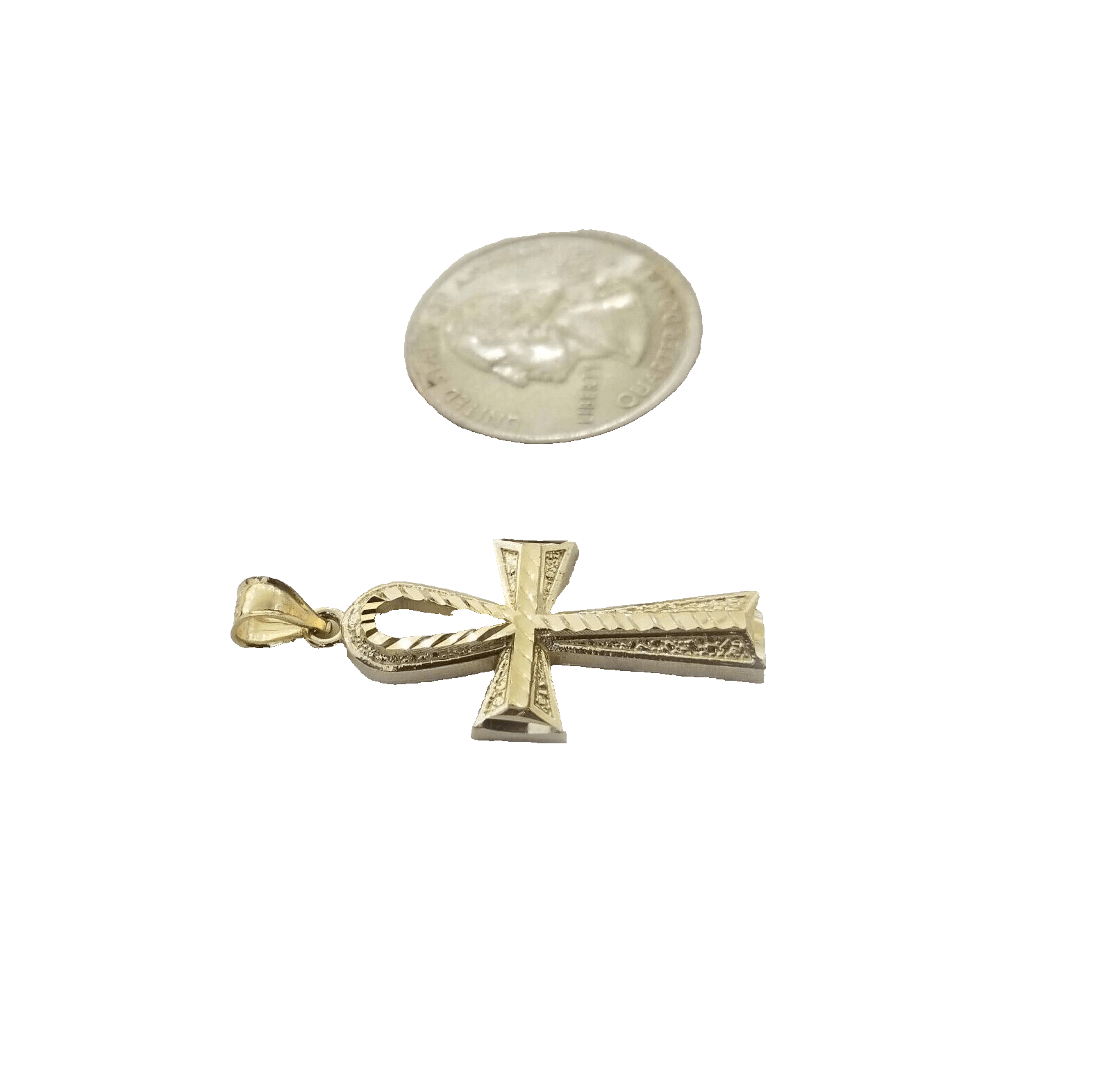 14k Yellow Gold Ankh Cross Charm Pendant 1.5'' Diamond Cut Chain Real 14kt SALE - GoldenlinQ