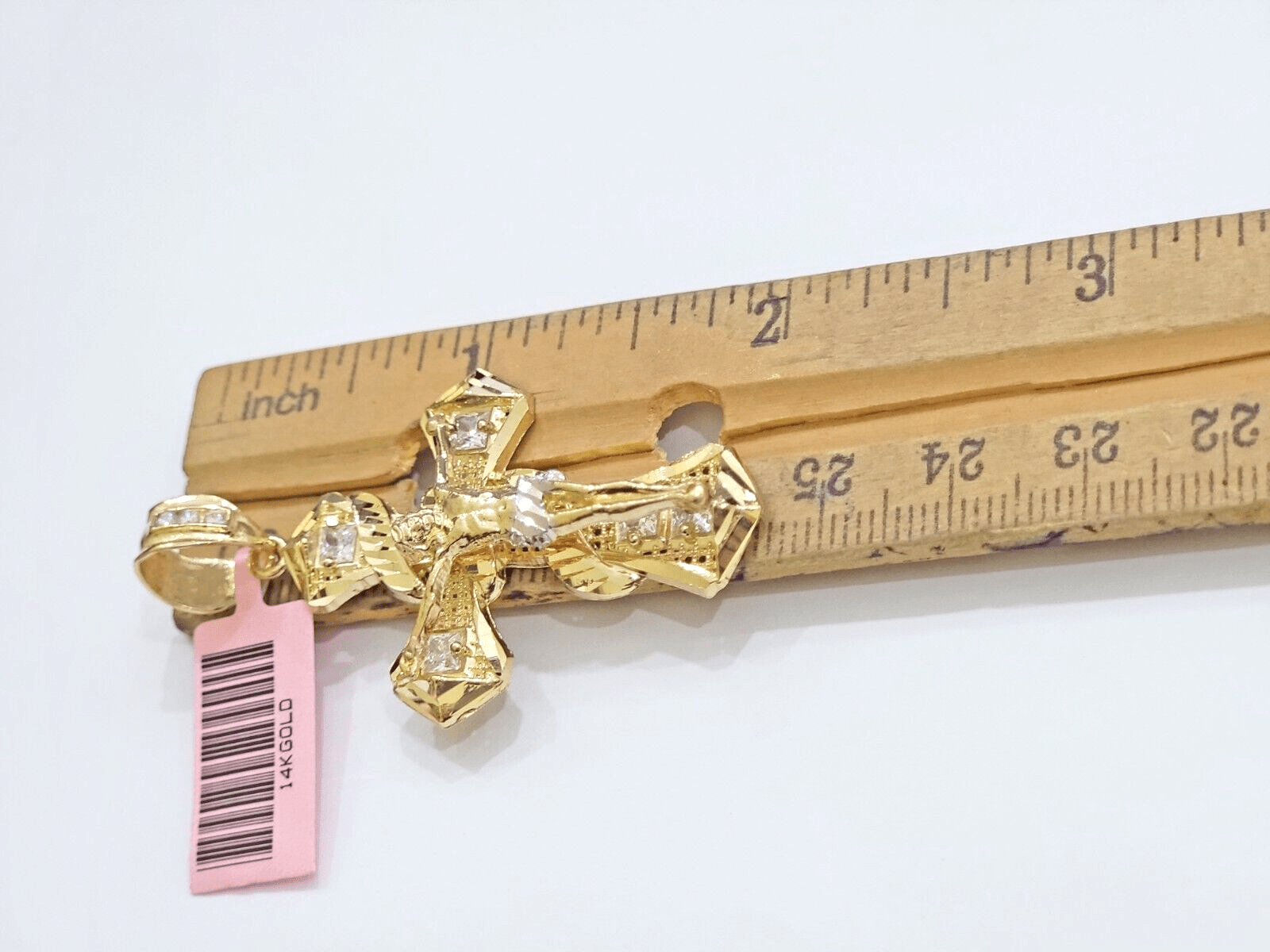 14k Yellow Gold Cross Charm Jesus Pendant 2 Inch CZ Crucifix For Chain 14kt SALE - GoldenlinQ