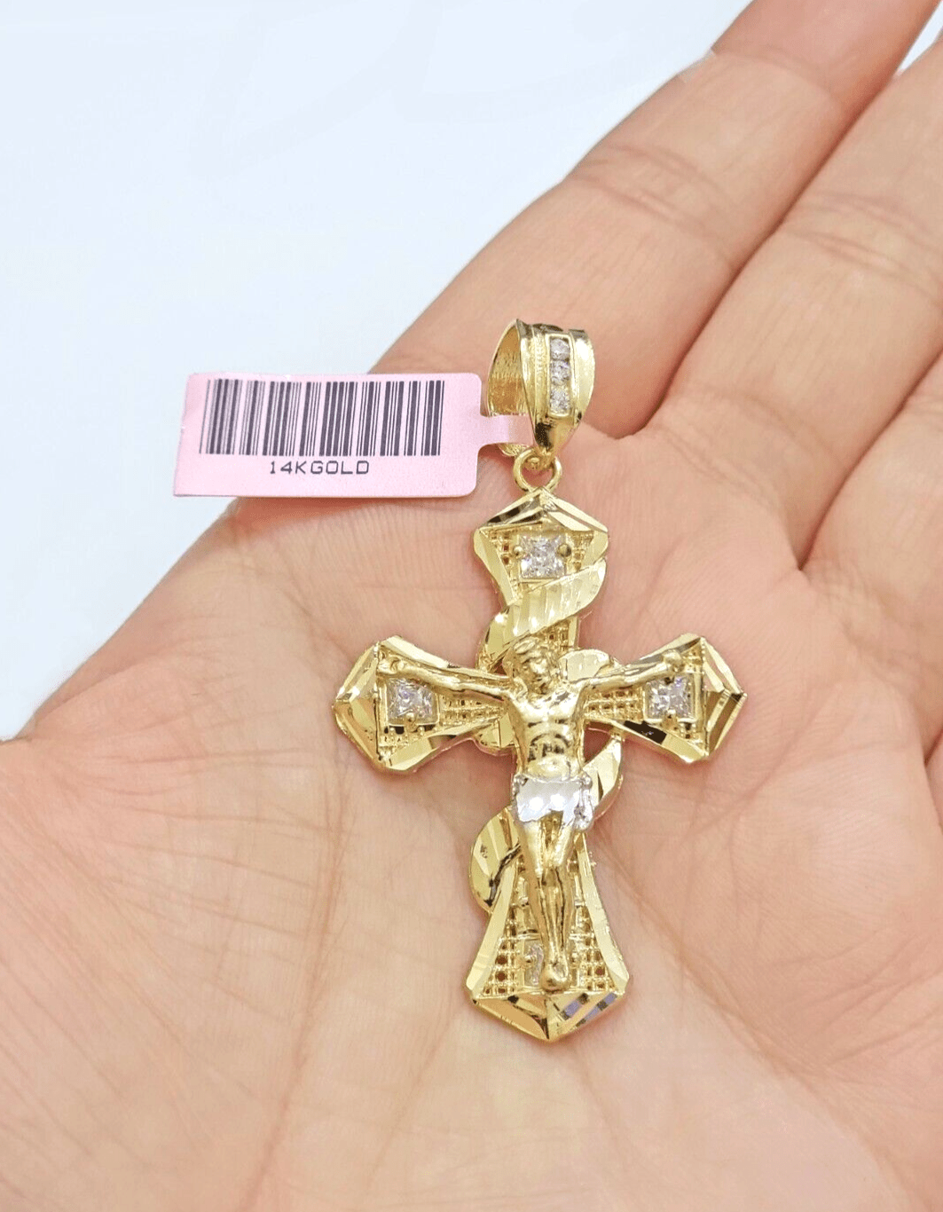 14k Yellow Gold Cross Charm Jesus Pendant 2 Inch CZ Crucifix For Chain 14kt SALE - GoldenlinQ