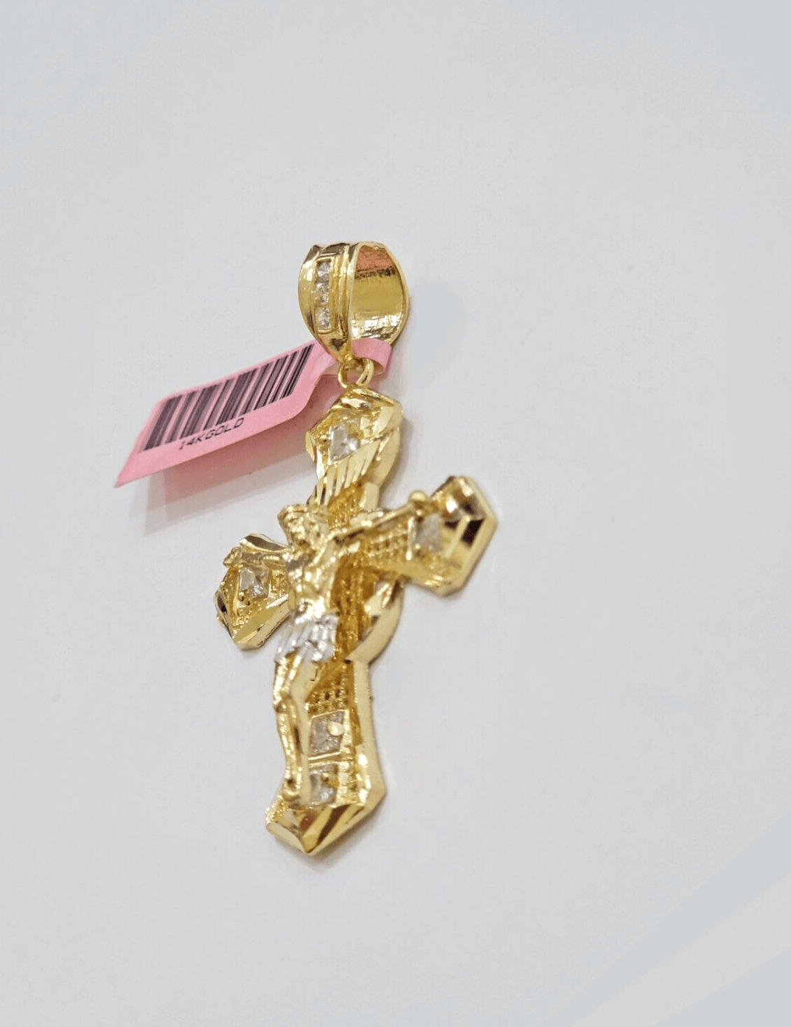 14k Yellow Gold Cross Charm Jesus Pendant 2 Inch CZ Crucifix For Chain 14kt SALE - GoldenlinQ