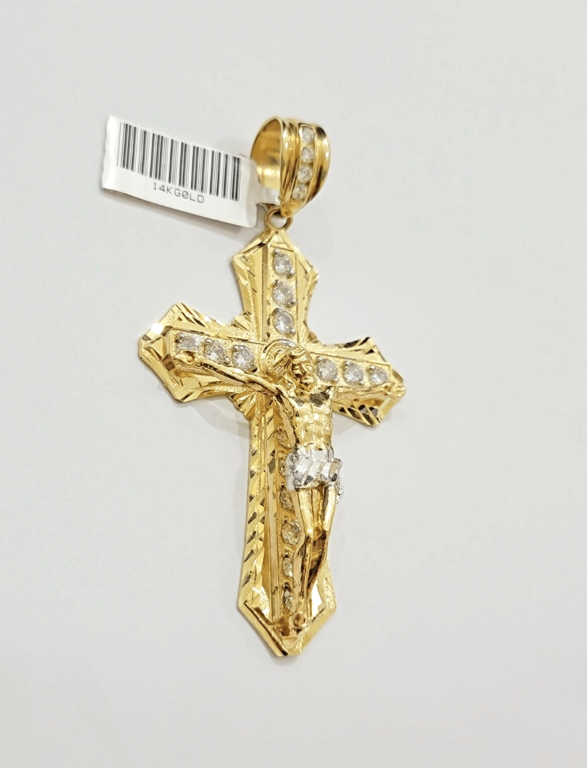 14k Yellow Gold Cross Charm Pendant Jesus Crucifix 3" With Stone Mens REAL 14kt - GoldenlinQ