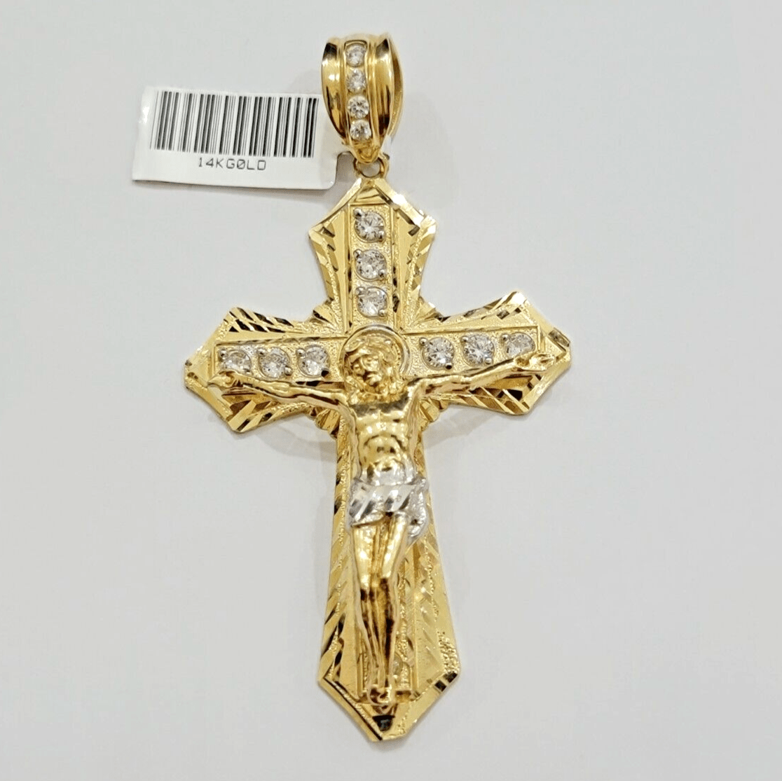 14k Yellow Gold Cross Charm Pendant Jesus Crucifix 3" With Stone Mens REAL 14kt - GoldenlinQ