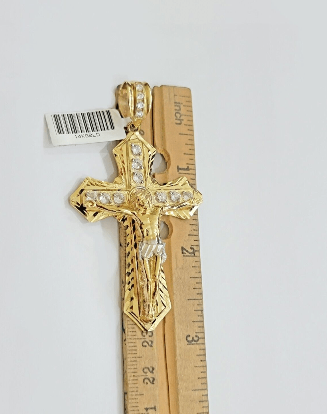 14k Yellow Gold Cross Charm Pendant Jesus Crucifix 3" With Stone Mens REAL 14kt - GoldenlinQ