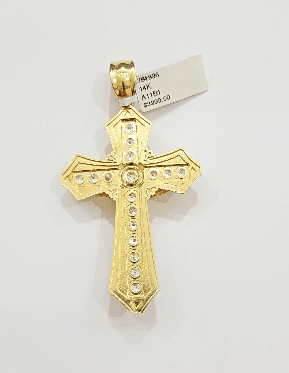 14k Yellow Gold Cross Charm Pendant Jesus Crucifix 3" With Stone Mens REAL 14kt - GoldenlinQ