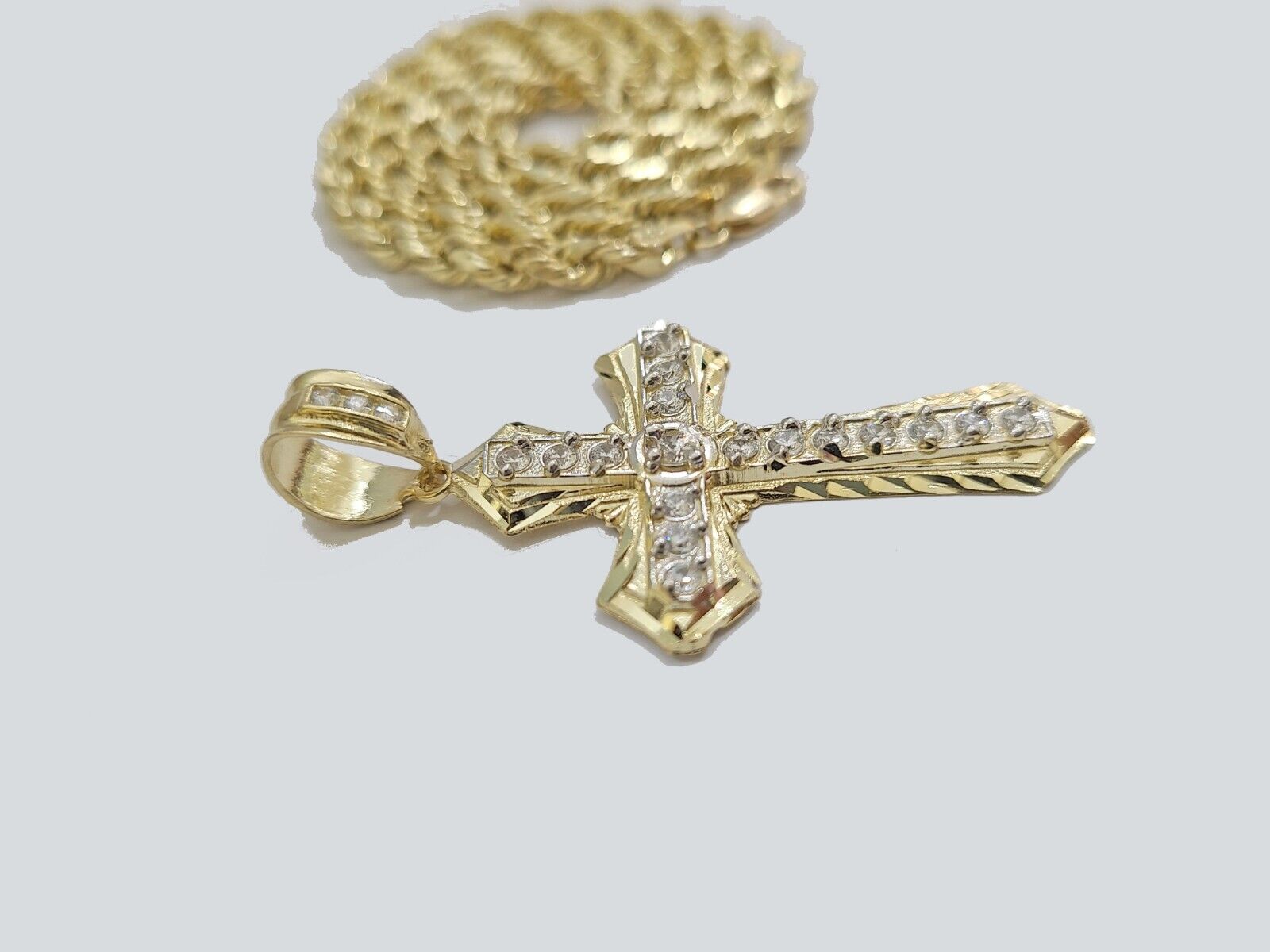 14k Yellow Gold Cross Charm Rope Chain Necklace 4mm 28'' Pendant 14kt Jesus Real - GoldenlinQ