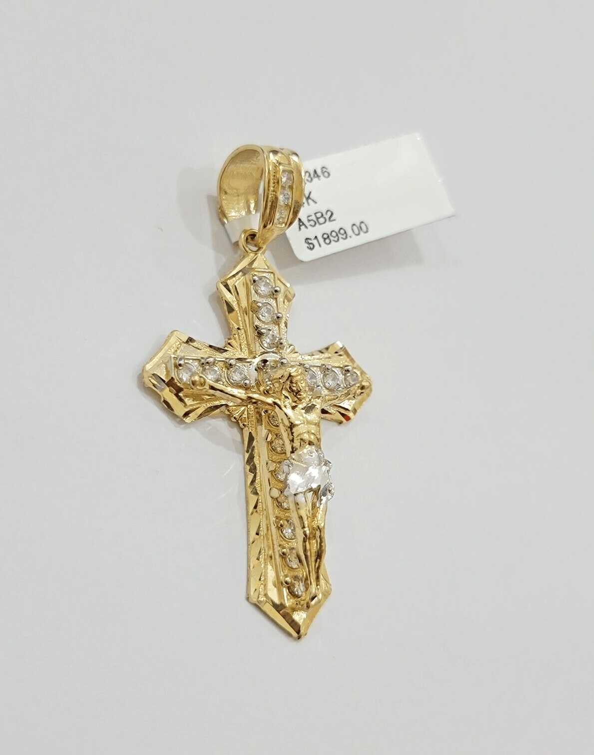 14k Yellow Gold Cross Jesus Crucifix Pendant 2 Inch 14kt CZ Charm Mens REAL 14kt - GoldenlinQ