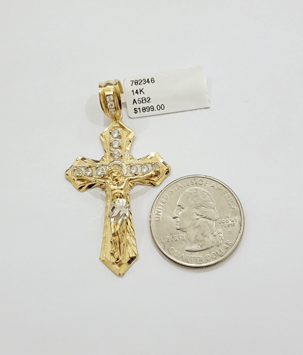 14k Yellow Gold Cross Jesus Crucifix Pendant 2 Inch 14kt CZ Charm Mens REAL 14kt - GoldenlinQ