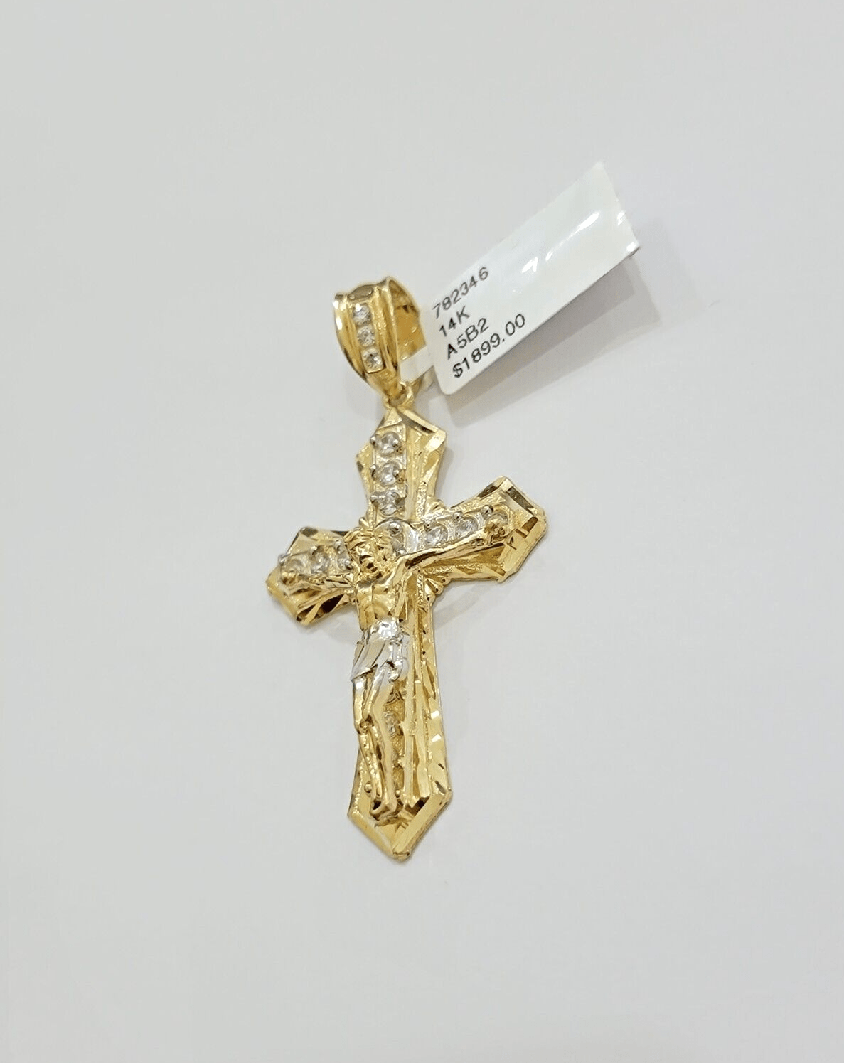14k Yellow Gold Cross Jesus Crucifix Pendant 2 Inch 14kt CZ Charm Mens REAL 14kt - GoldenlinQ