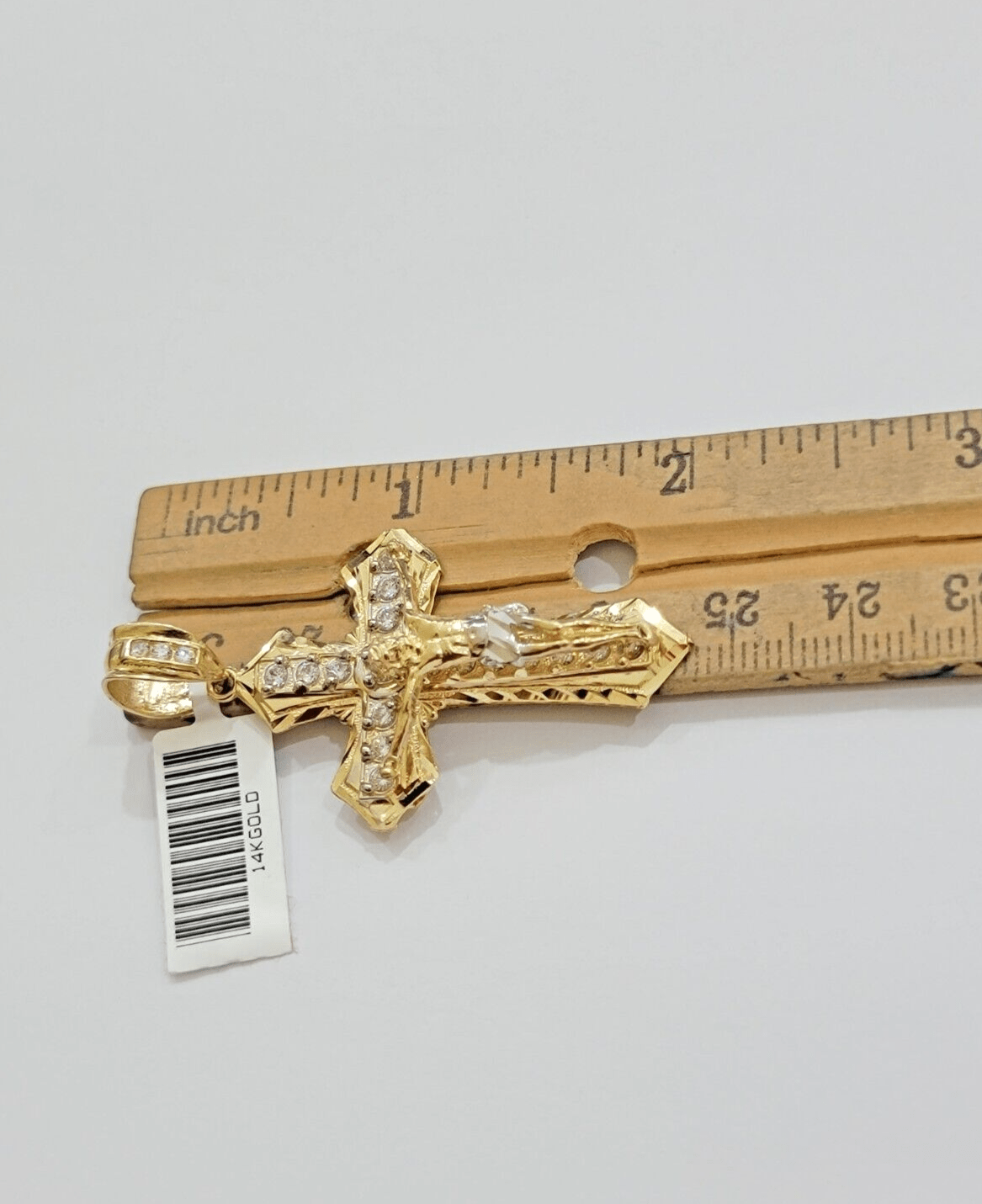 14k Yellow Gold Cross Jesus Crucifix Pendant 2 Inch 14kt CZ Charm Mens REAL 14kt - GoldenlinQ