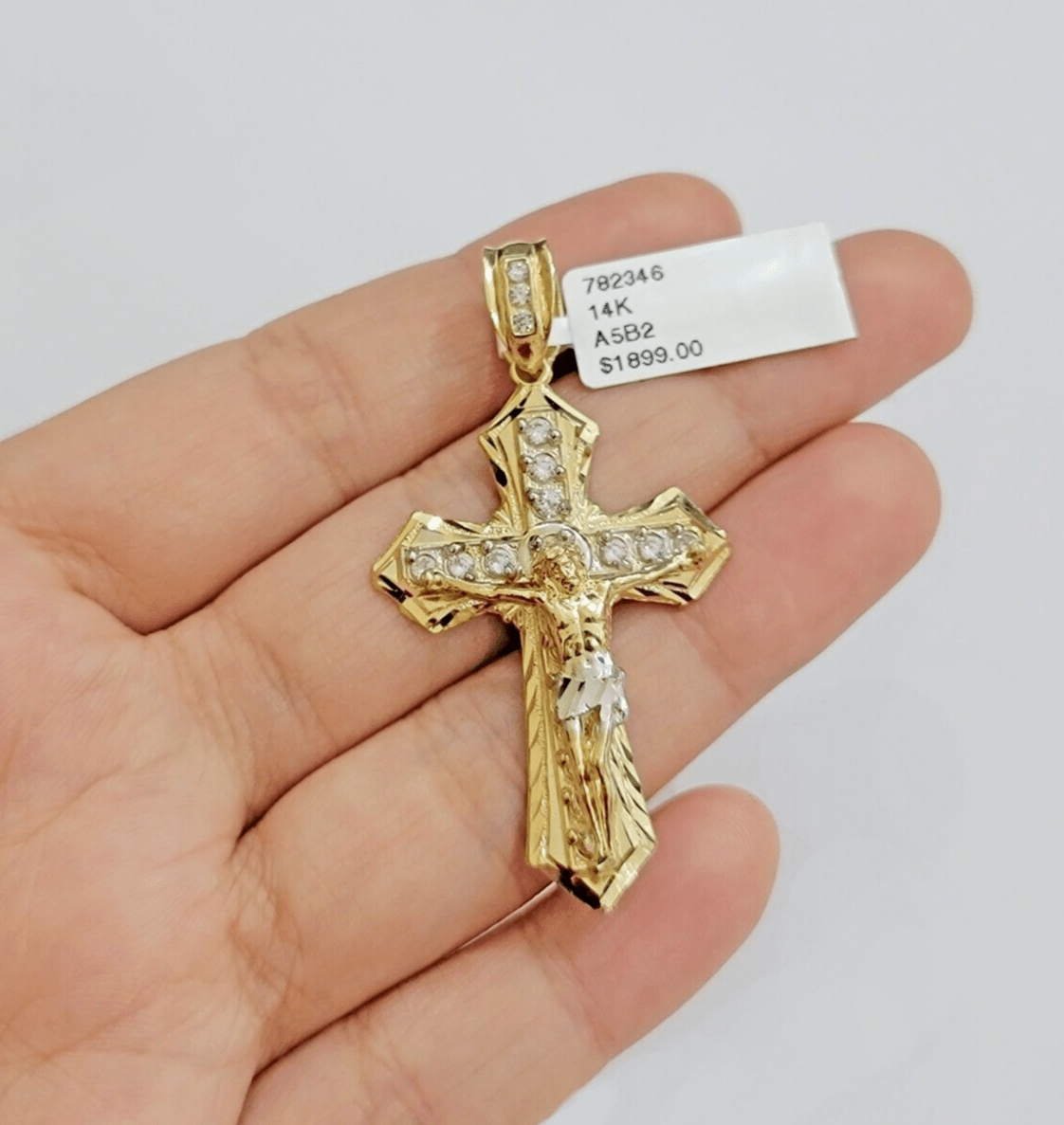 14k Yellow Gold Cross Jesus Crucifix Pendant 2 Inch 14kt CZ Charm Mens REAL 14kt - GoldenlinQ