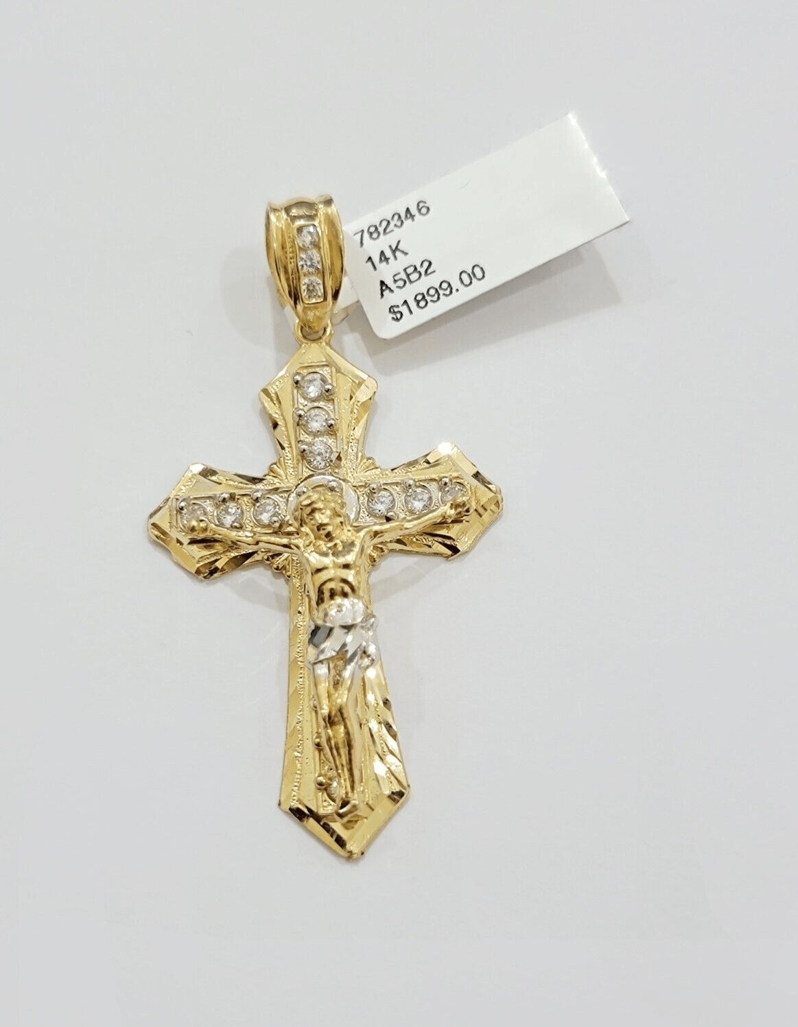 14k Yellow Gold Cross Jesus Crucifix Pendant 2 Inch 14kt CZ Charm Mens REAL 14kt - GoldenlinQ