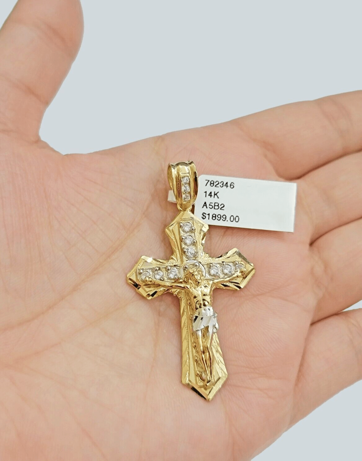 14k Yellow Gold Cross Jesus Crucifix Pendant 2 Inch 14kt CZ Charm Mens REAL 14kt - GoldenlinQ