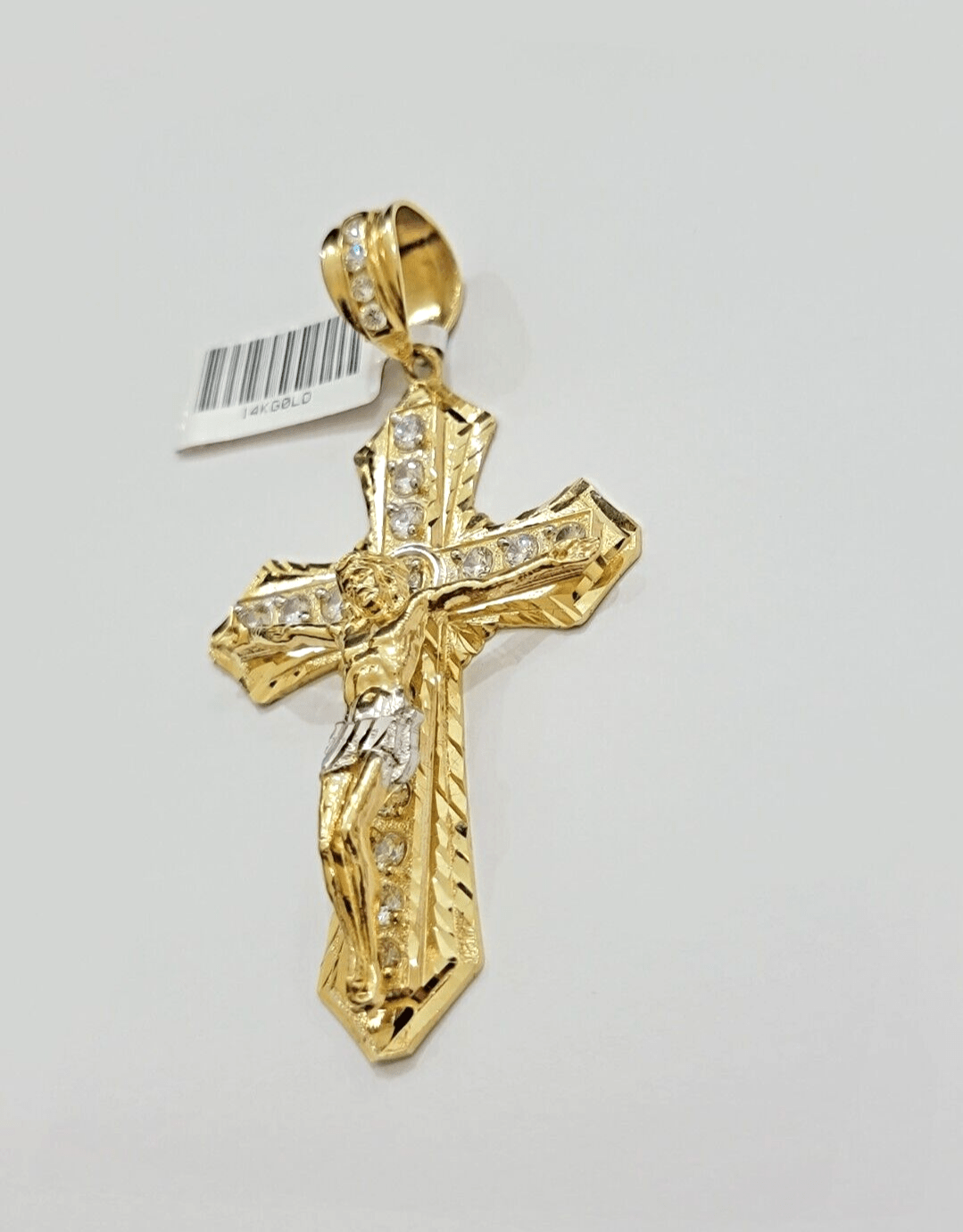 14k Yellow Gold Cross Jesus Crucifix Pendant 3 Inch 14kt CZ Charm Mens REAL 14kt - GoldenlinQ