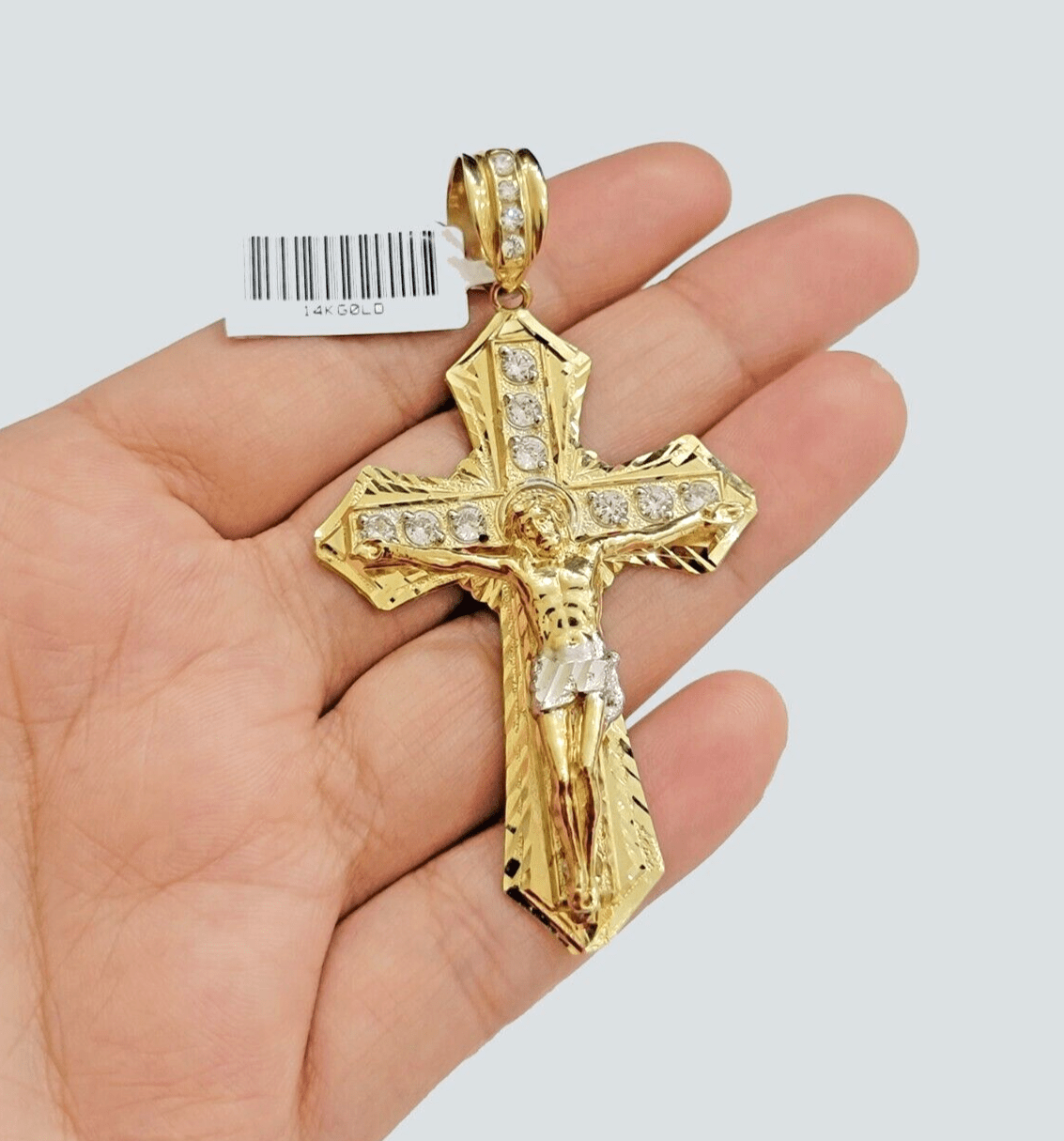 14k Yellow Gold Cross Jesus Crucifix Pendant 3 Inch 14kt CZ Charm Mens REAL 14kt - GoldenlinQ