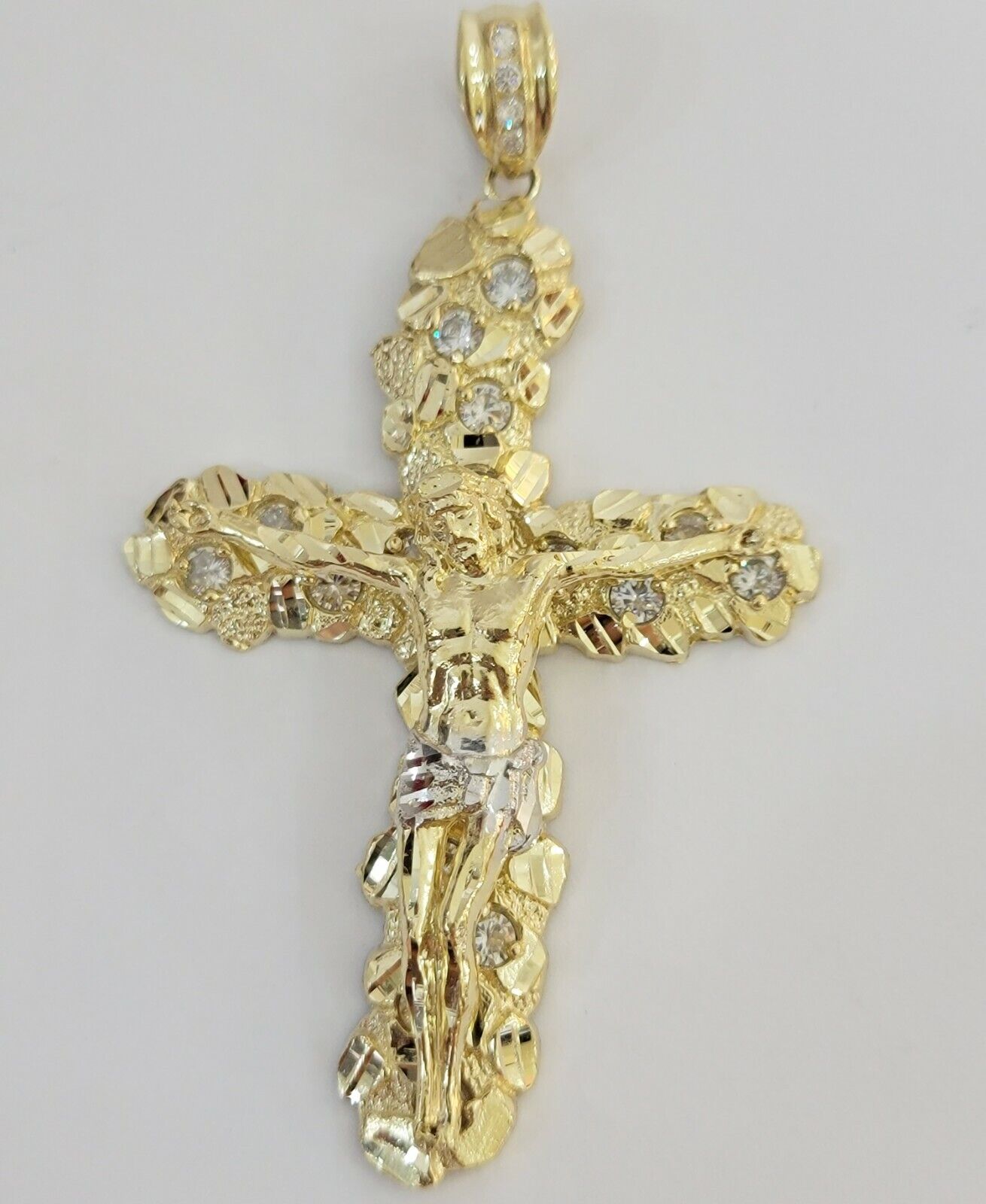 14k Yellow Gold Cross Nugget Jesus Crucifix Pendant 3.5 Inch 14kt Gold Mens REAL - GoldenlinQ
