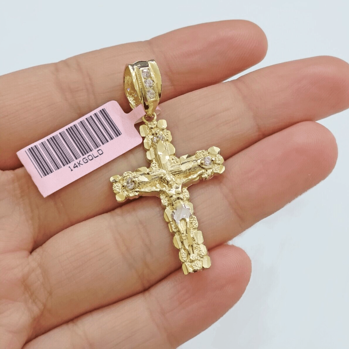 14k Yellow Gold Cross Nugget Pendant Jesus Crucifix 1.5 Inch 14kt Charm Men REAL - GoldenlinQ