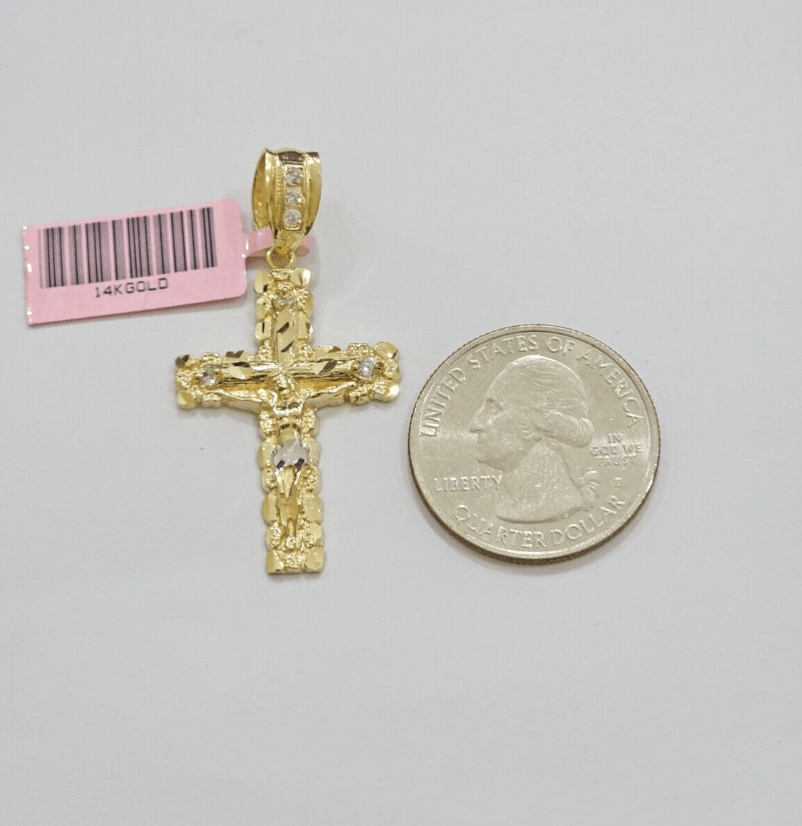 14k Yellow Gold Cross Nugget Pendant Jesus Crucifix 1.5 Inch 14kt Charm Men REAL - GoldenlinQ