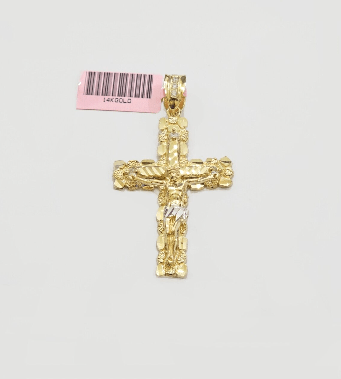14k Yellow Gold Cross Nugget Pendant Jesus Crucifix 2 Inch 14kt Charm Men's REAL - GoldenlinQ