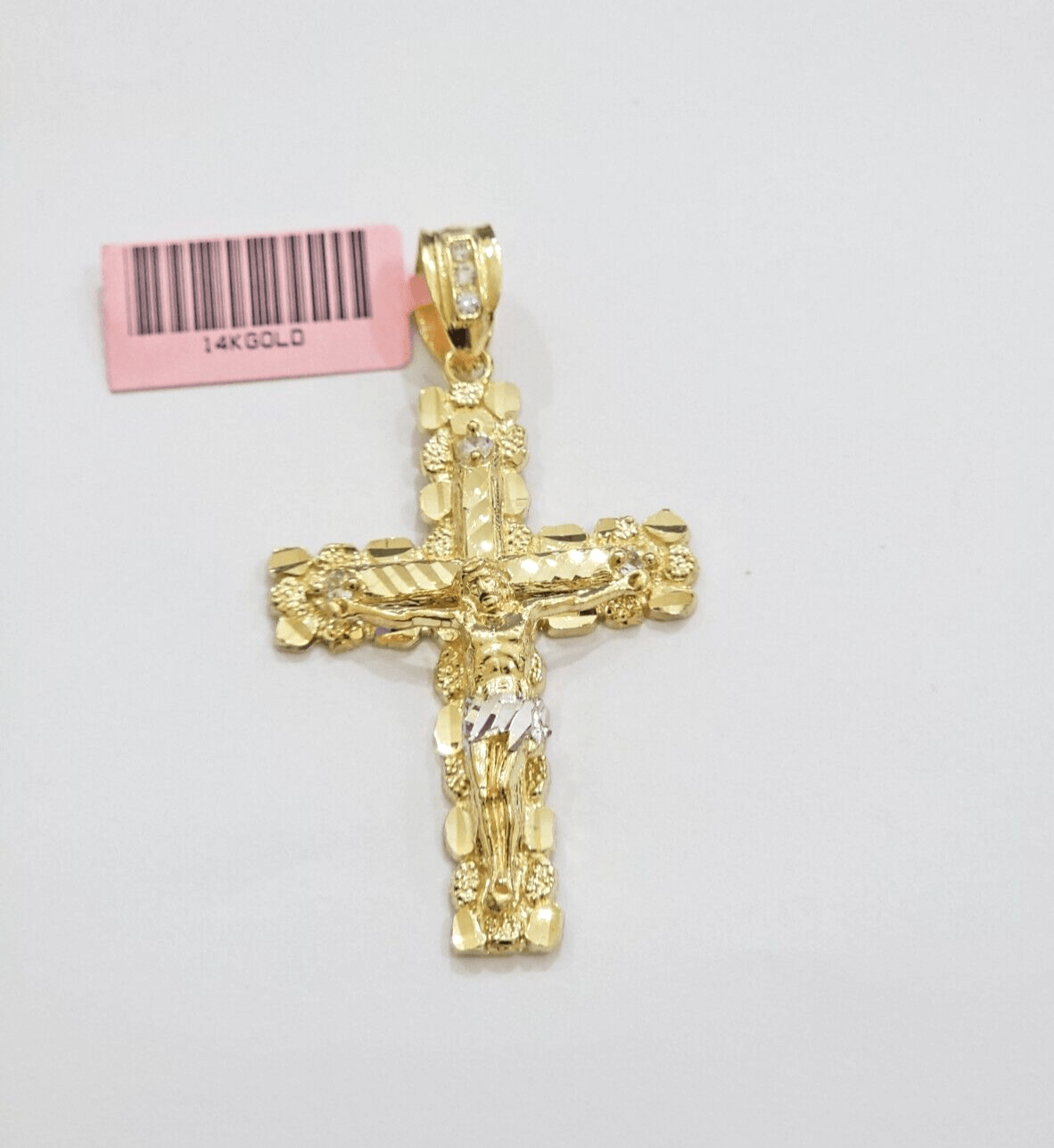 14k Yellow Gold Cross Nugget Pendant Jesus Crucifix 2 Inch 14kt Charm Men's REAL - GoldenlinQ