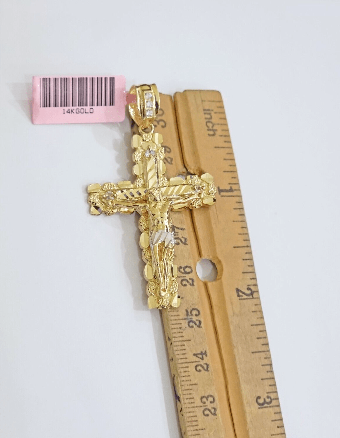 14k Yellow Gold Cross Nugget Pendant Jesus Crucifix 2 Inch 14kt Charm Men's REAL - GoldenlinQ