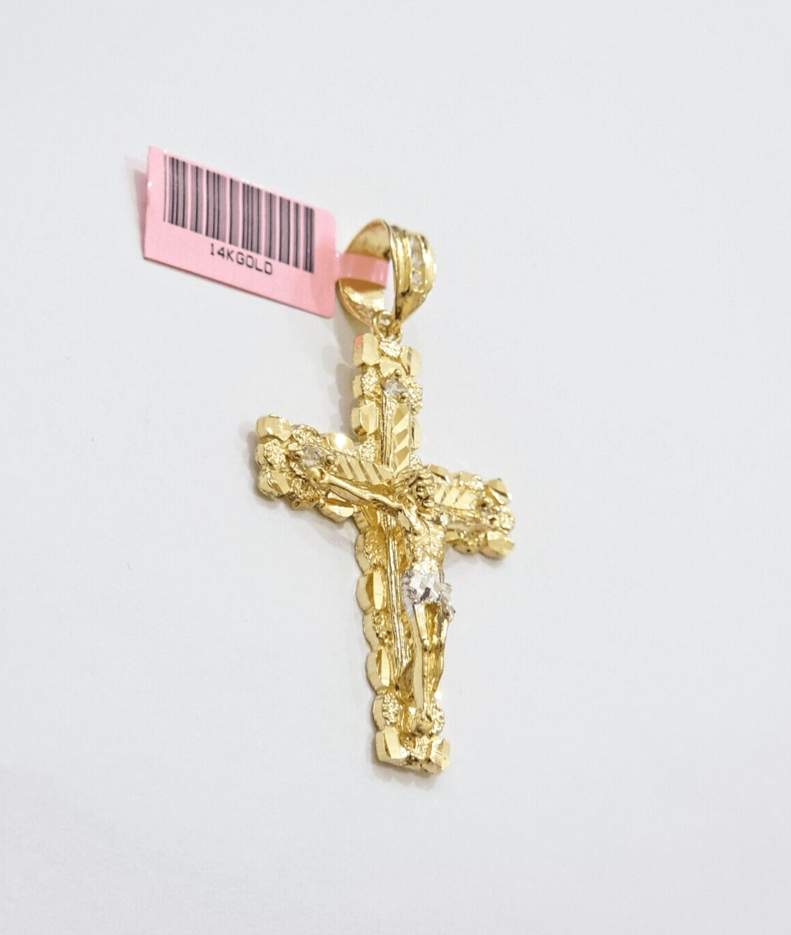 14k Yellow Gold Cross Nugget Pendant Jesus Crucifix 2 Inch 14kt Charm Men's REAL - GoldenlinQ