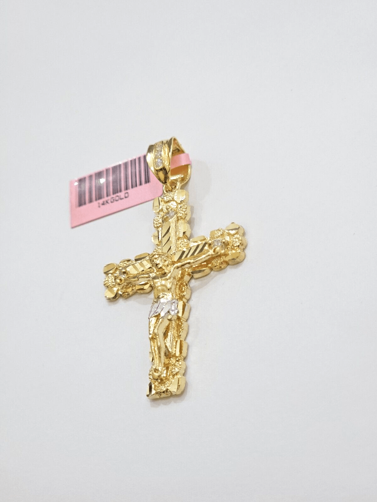 14k Yellow Gold Cross Nugget Pendant Jesus Crucifix 2 Inch 14kt Charm Men's REAL - GoldenlinQ