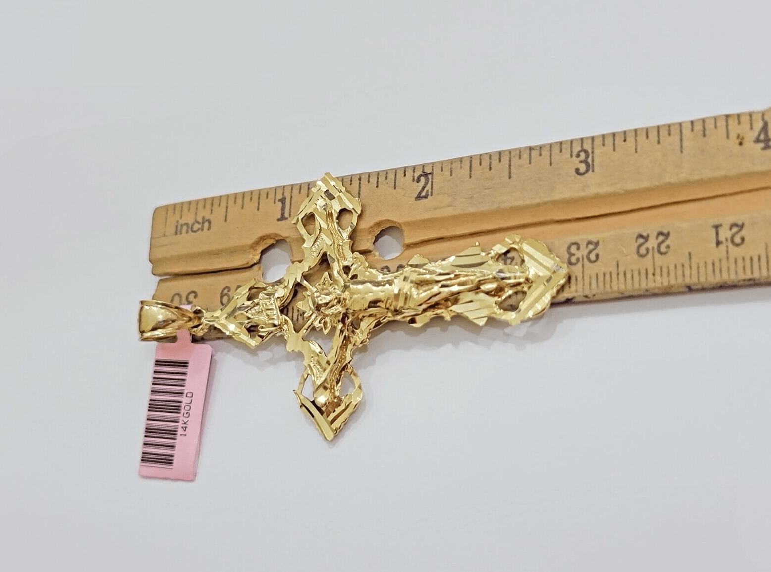 14k Yellow Gold Jesus Cross Charm Pendant 3 Inches Crucifix Chain Necklace SALE - GoldenlinQ