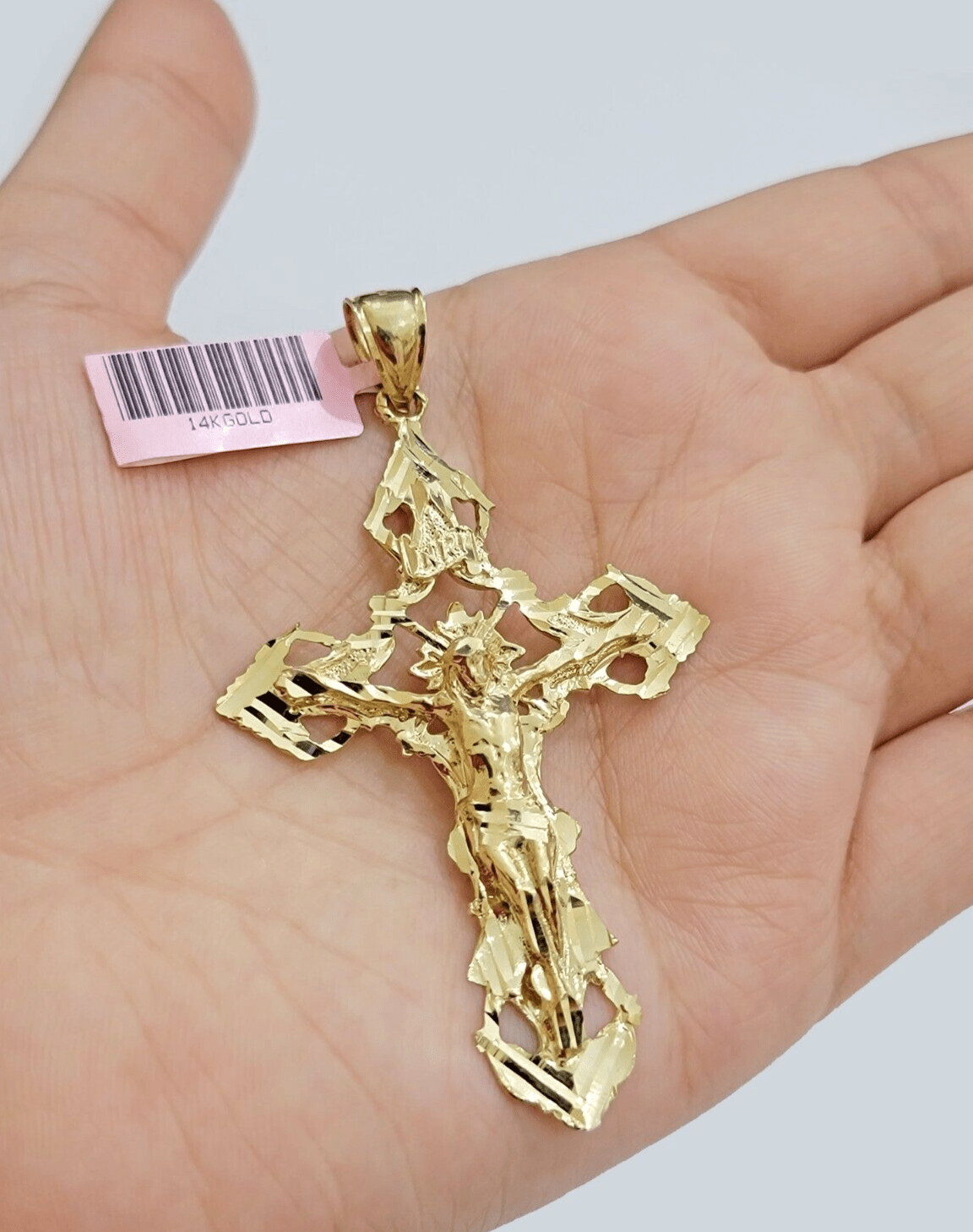 14k Yellow Gold Jesus Cross Charm Pendant 3 Inches Crucifix Chain Necklace SALE - GoldenlinQ